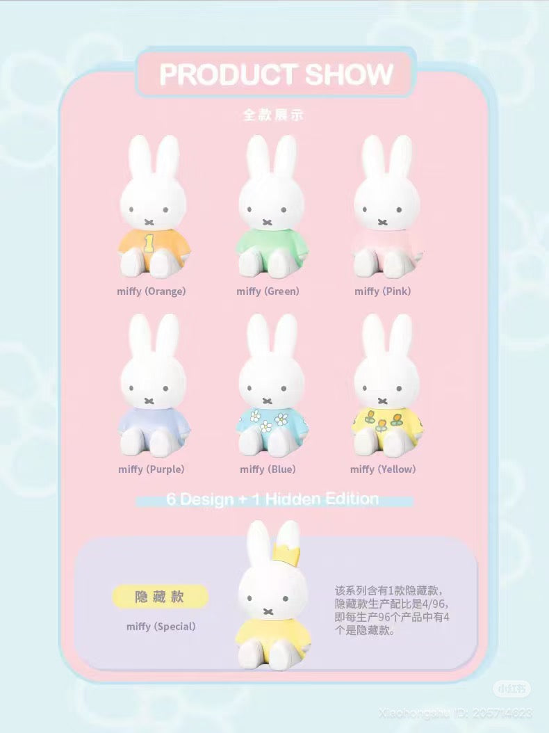 Miffy Phone Stand Blind Box Series 2 poster featuring six collectible Miffy figures, plus a hidden special edition with a crown, highlighting blind box excitement.