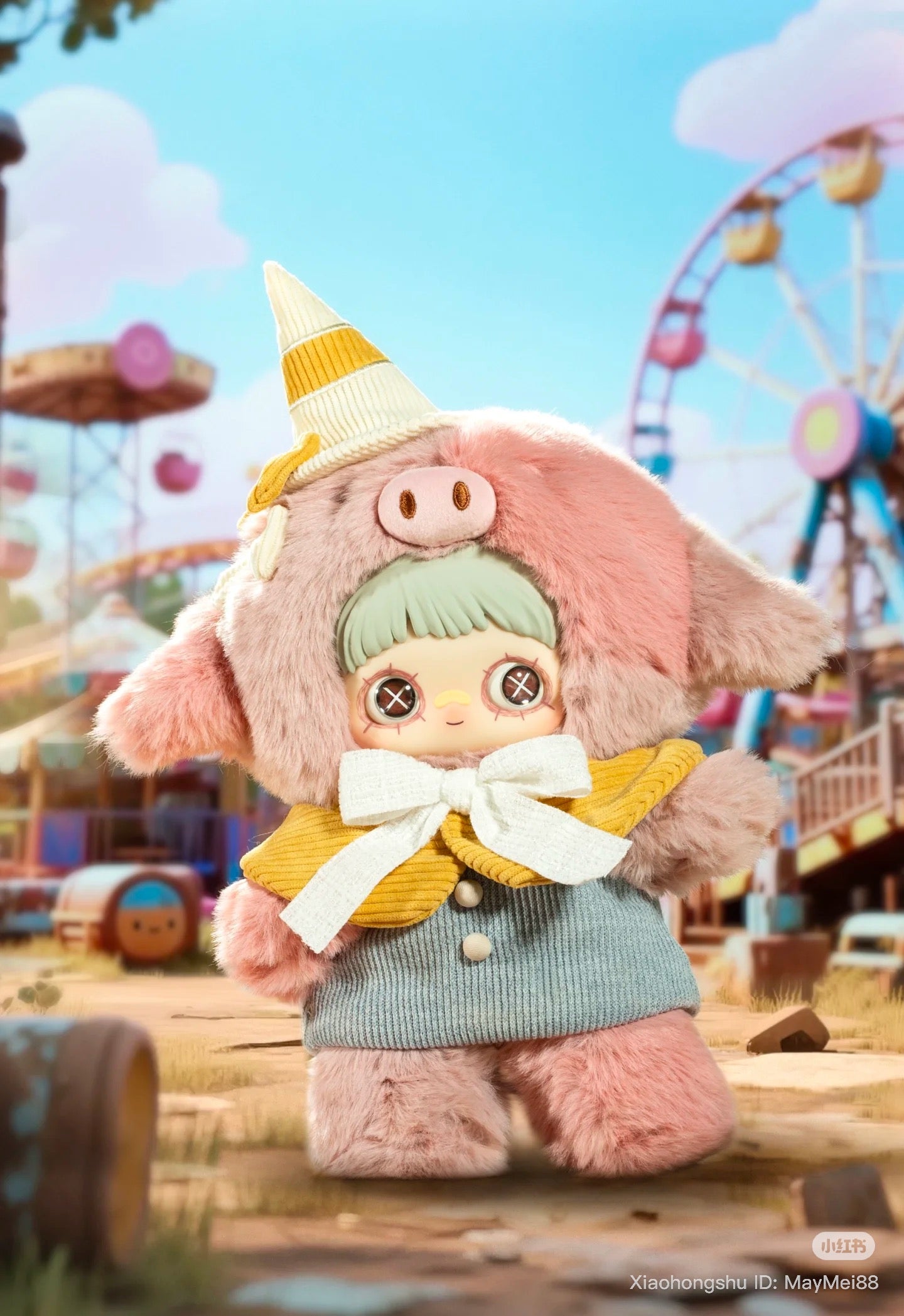 Maymei 400% Forgotten Funfair Plush Keychain Blind Box featuring a pink pig-hooded plush in a pastel amusement park setting. Preorder for July 2025.