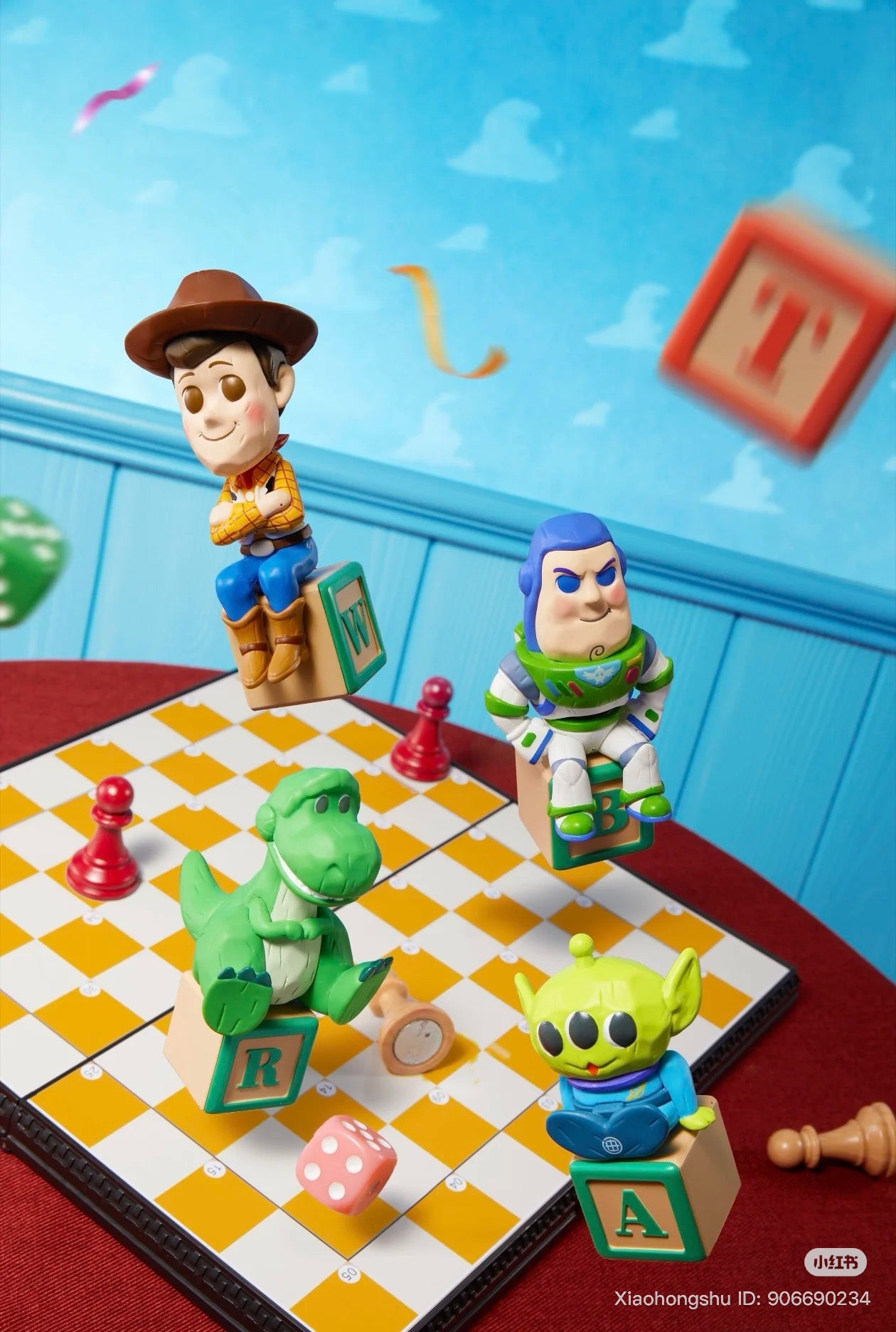 Toy Story Ludo Game Blind Box Series with Woody, Buzz, Alien, Rex on letter blocks atop a checkerboard with game pieces and accessories.