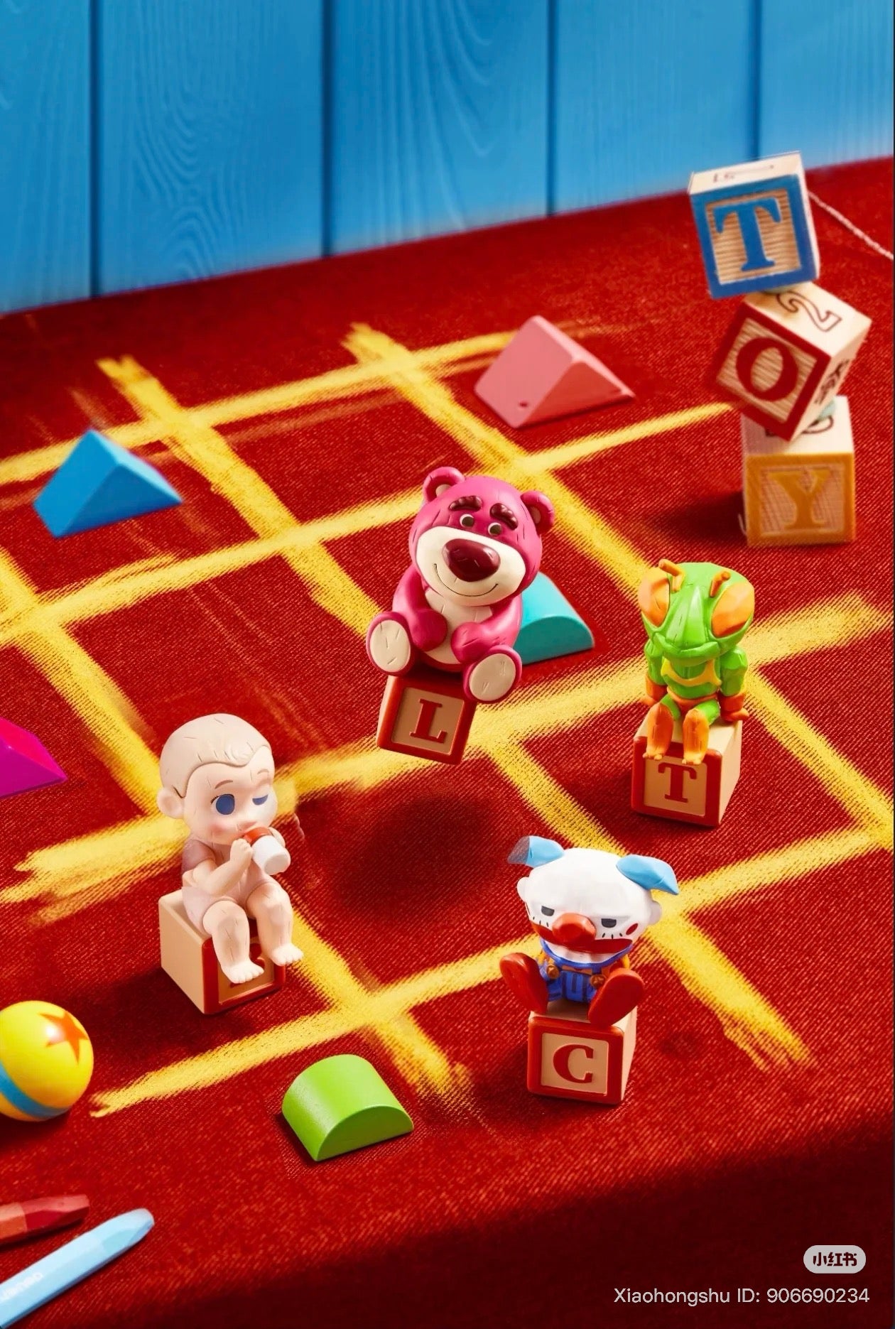 Disney Pixar Toy Story Ludo Game Blind Box Series featuring figurines on alphabet blocks with colorful toys, illustrating a playful scene for preorder.