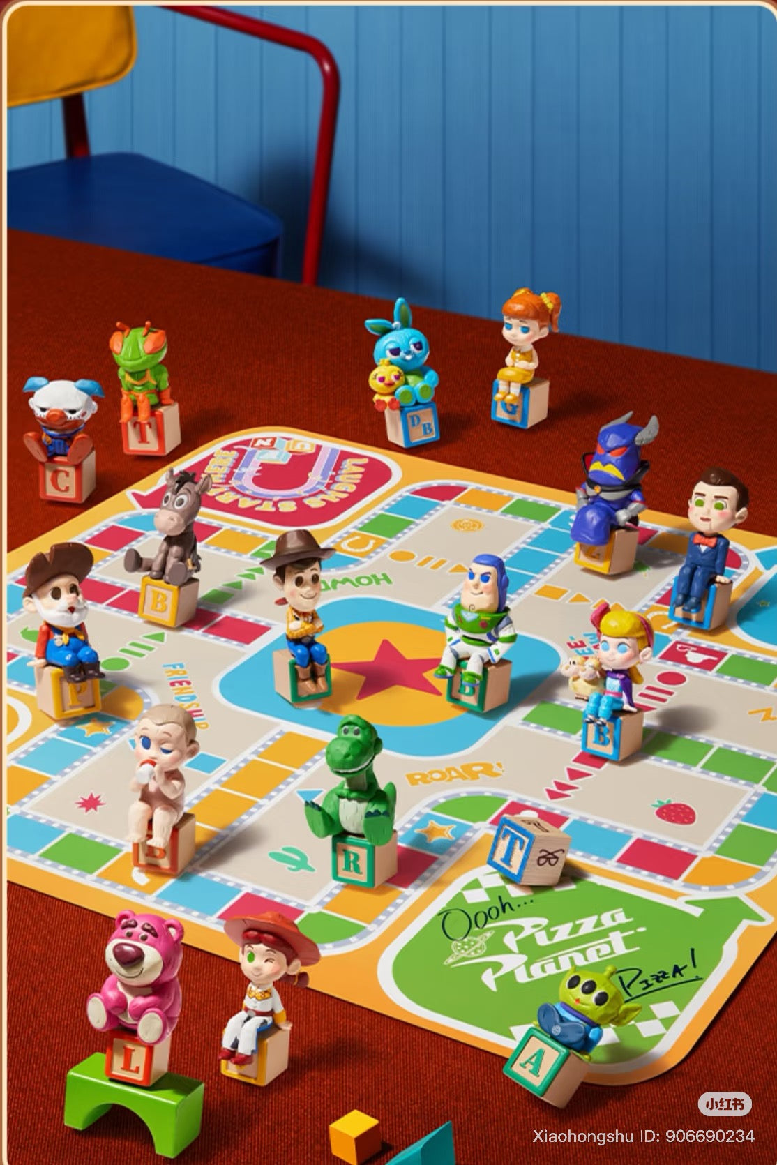 Disney Pixar Toy Story Ludo Game Blind Box Series with character figurines on a colorful board, featuring iconic Toy Story characters on wooden blocks.