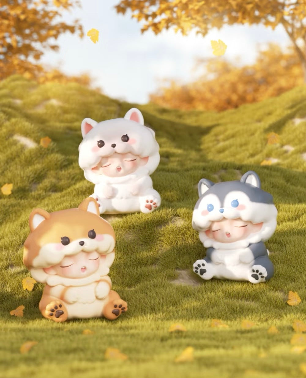 YUMO Stay With You Blind Box Series toys, featuring cute animal figures on grass, part of a 12-design collection with secret variations.