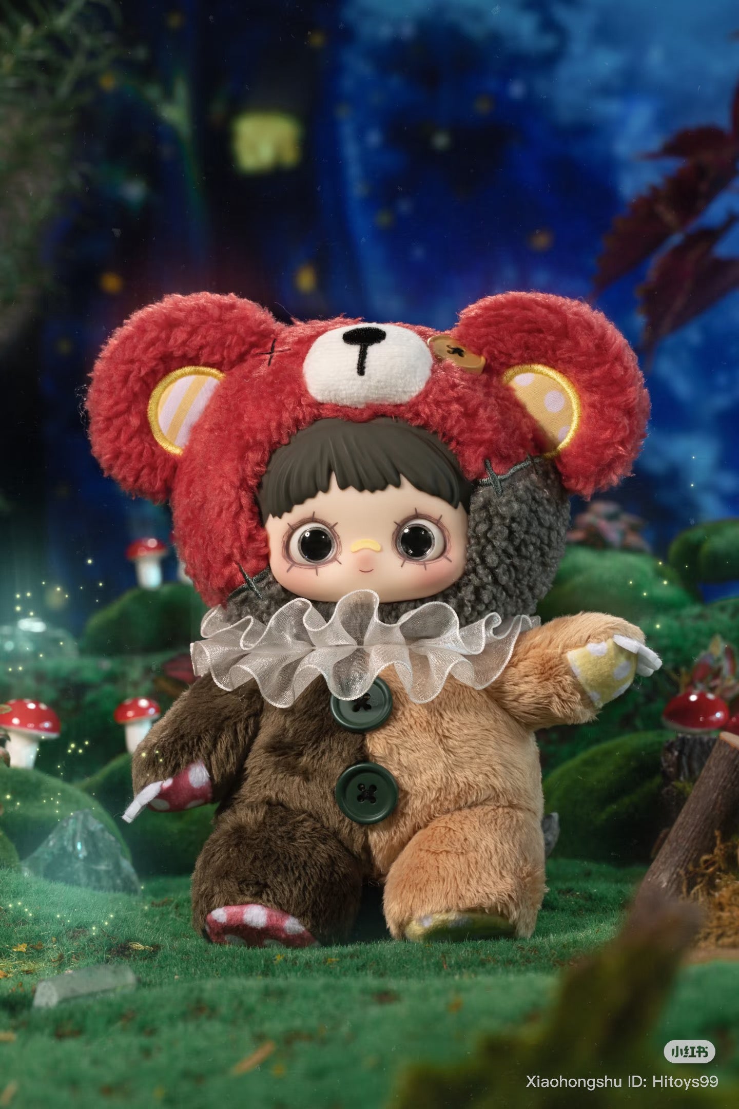 MayMei Symbiote Neverland Series Vinyl Keychain Plush Blind Box toy in fairy-tale forest, featuring oversized head, bear-ear hood, and patchwork suit.