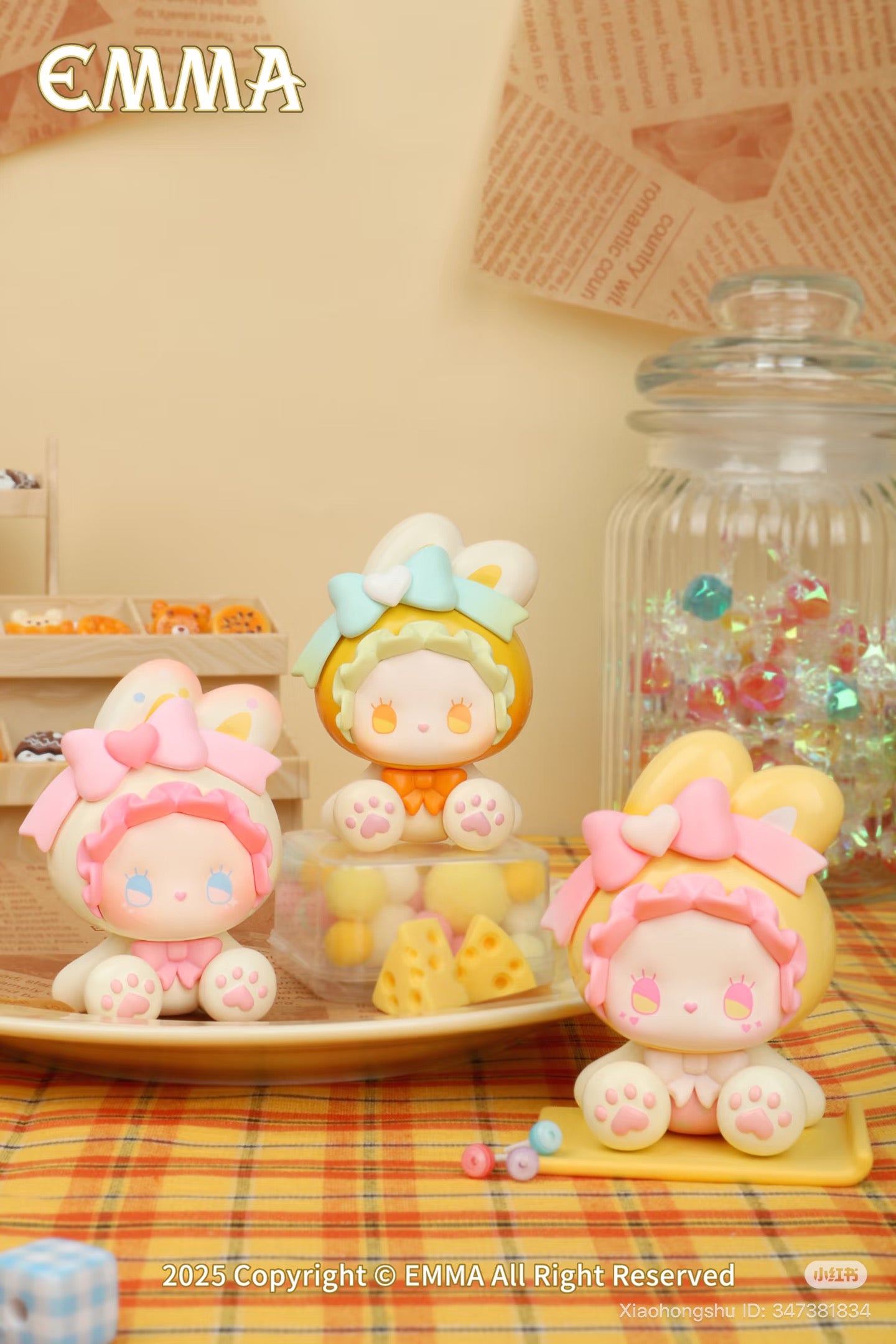 Emma Bunny Collector Mini Blind Box Series features kawaii-style chibi bunny figurines with ribbon bows, surrounded by miniature sweets, available for preorder at Strangecat Toys.