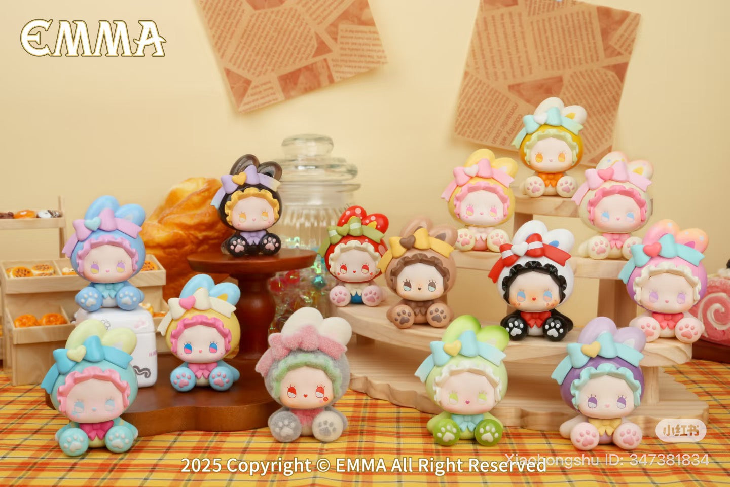 Emma Bunny Collector Mini Blind Box Series with chubby, animal-ear figures on display, featuring preorder details for 12 designs plus 2 secret options.