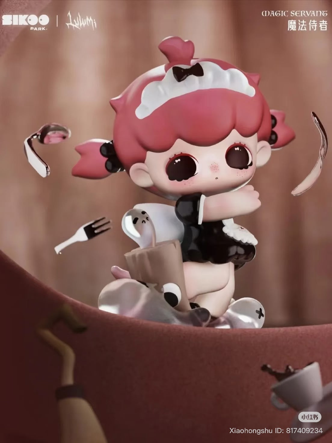 Lulumi The Rift Invitation Series Figures Blind Box features a chibi girl mid-air above a coffee cup with swirling utensils, available for preorder at Strangecat Toys.