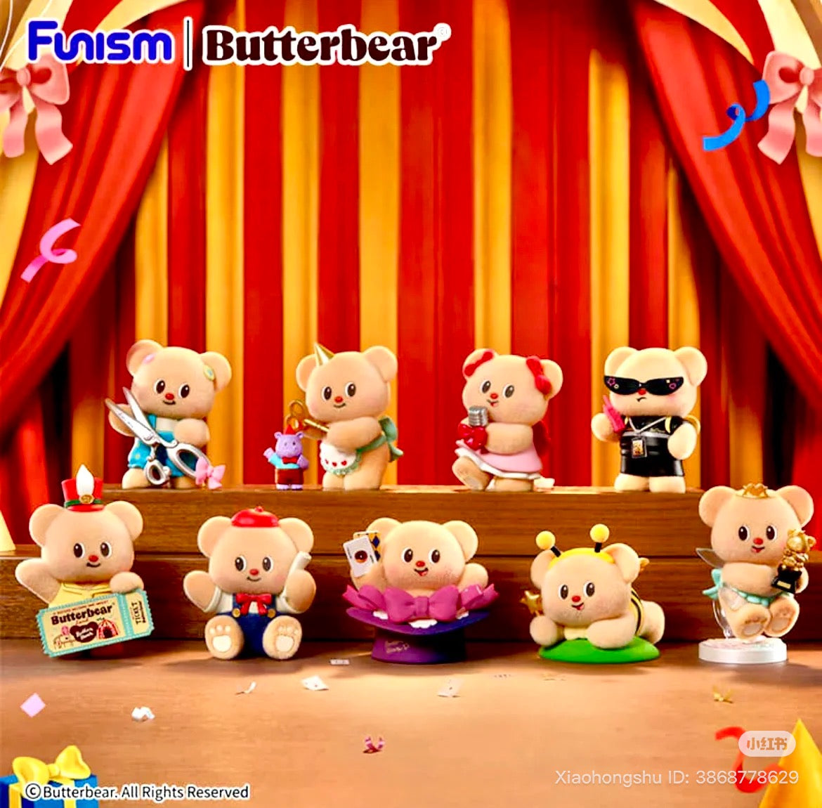 Butter Bear Top Team Series Blind Box: ten themed collectible bears on stage, each in unique costumes with props, promoting preorder availability at Strangecat Toys.