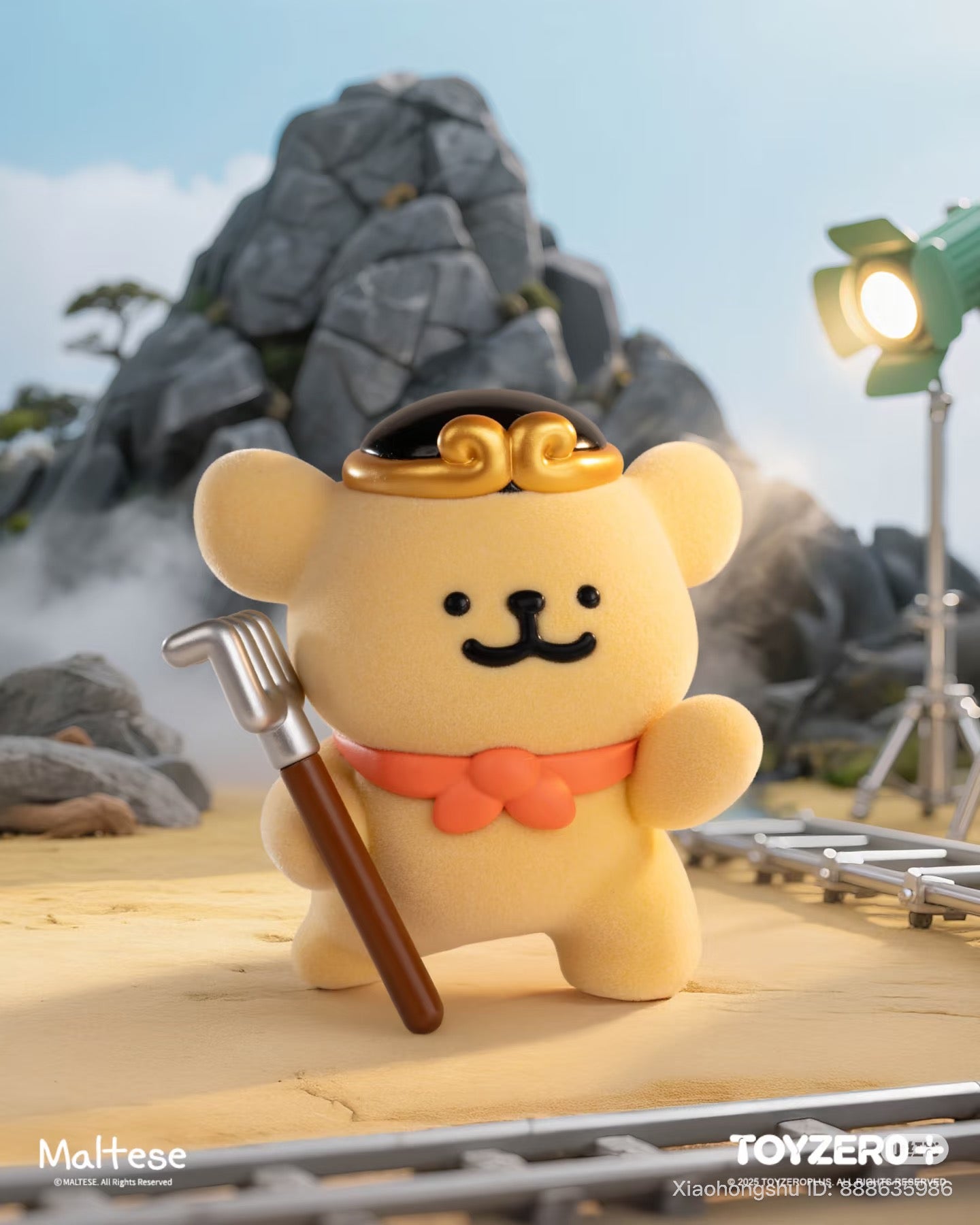 Maltese - Theatre of Life Series Blind Box: plush bear figure with golden circlet and staff, set in a miniature studio scene, showcasing designer collectible charm.