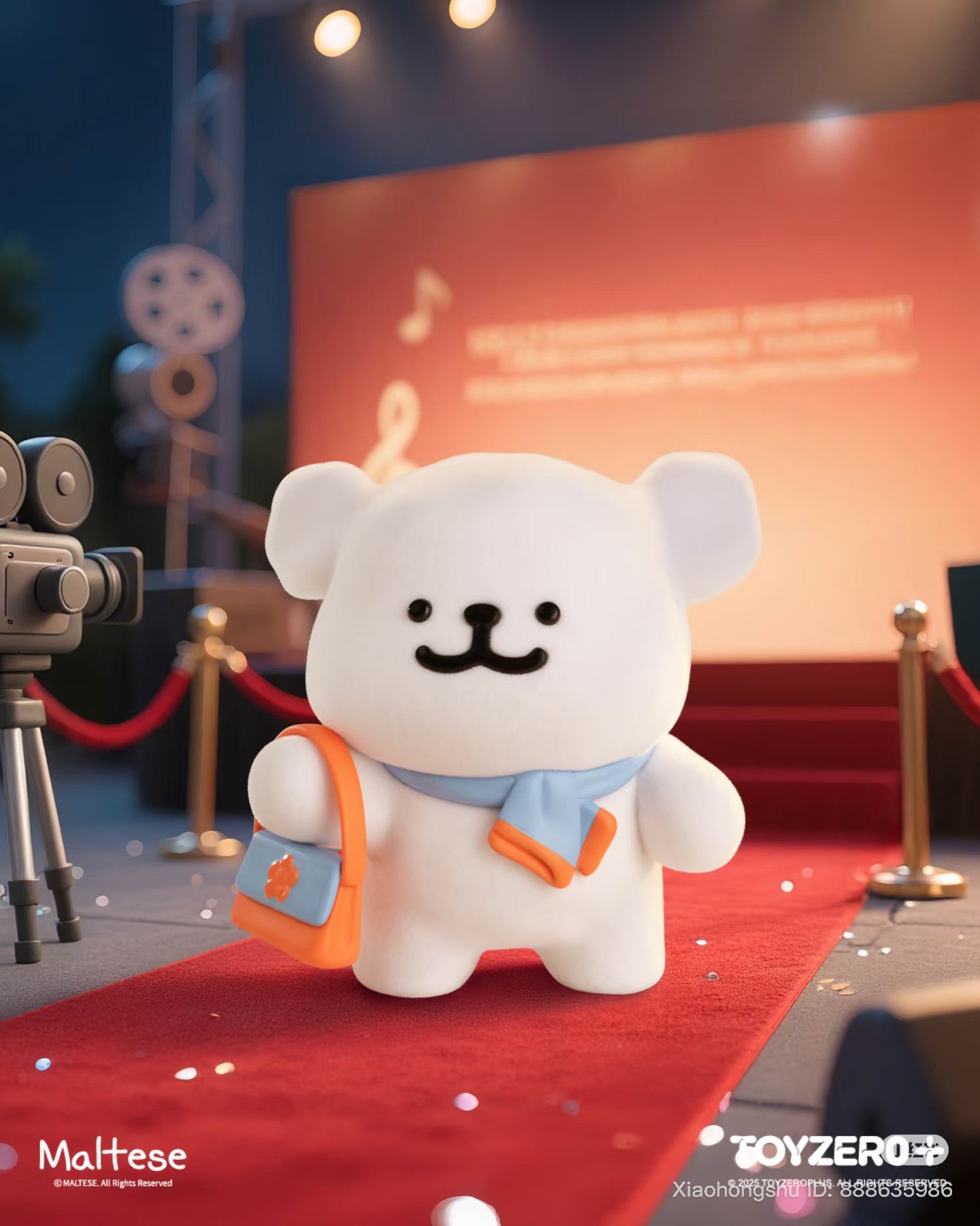 Maltese - Theatre of Life Series Blind Box featuring a white bear with a scarf and handbag on a red-carpet stage, hinting at a film festival theme.