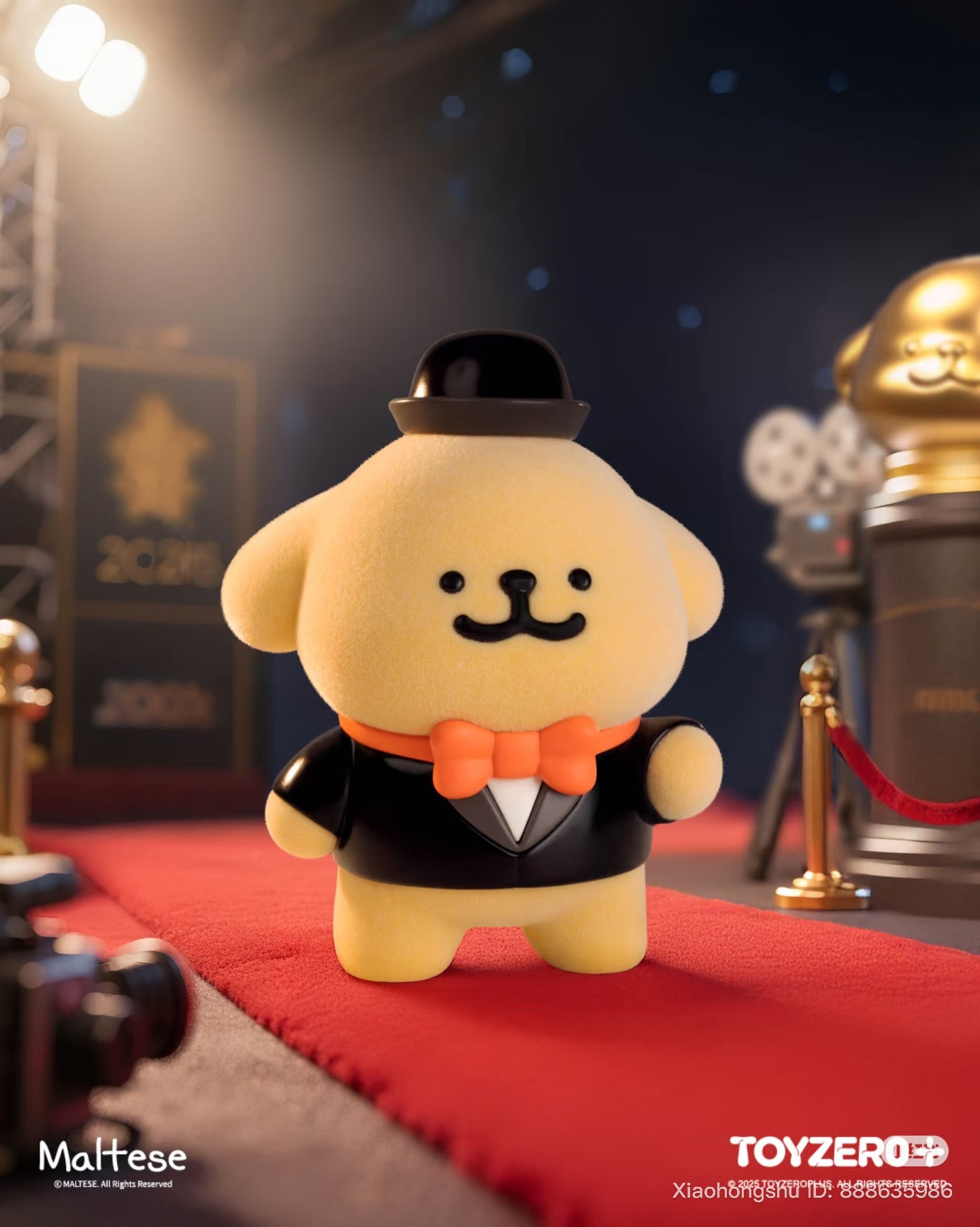 Maltese - Theatre of Life Series Blind Box: Stylized yellow dog figure in tuxedo and bowler hat, posed on red carpet, part of a collectible toy series.