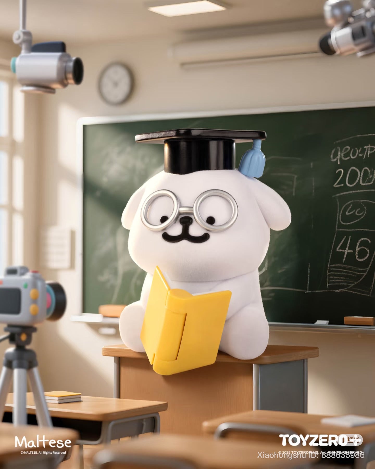 Maltese plush from Theatre of Life Series Blind Box, wearing glasses and mortarboard, holds a book on a classroom desk.