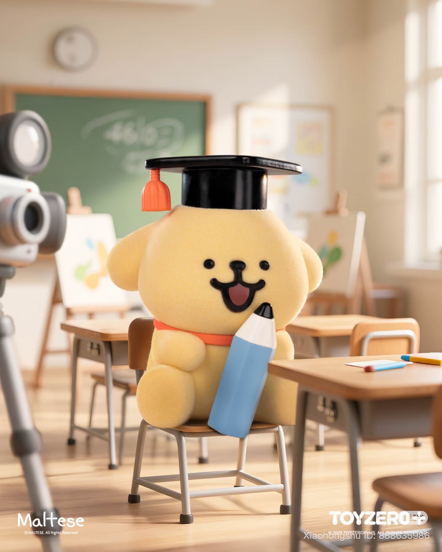 Maltese - Theatre of Life Series Blind Box: A yellow plush puppy in a mortarboard, with a pencil at a school desk, part of a collectible set.