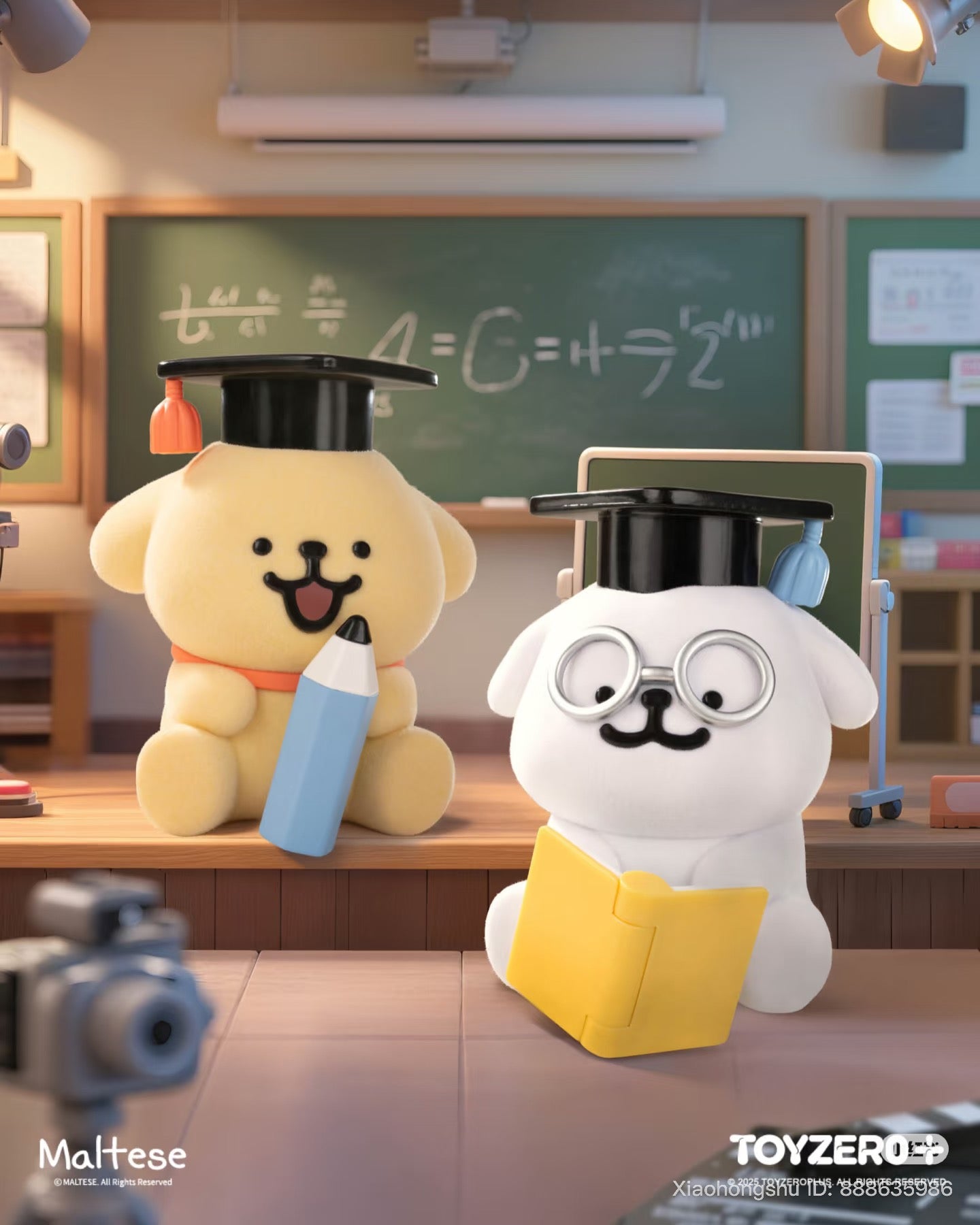 Maltese - Theatre of Life Series Blind Box: Two plush puppies as professors in a stylized classroom, one with a pencil, the other reading, offer playful educational charm.