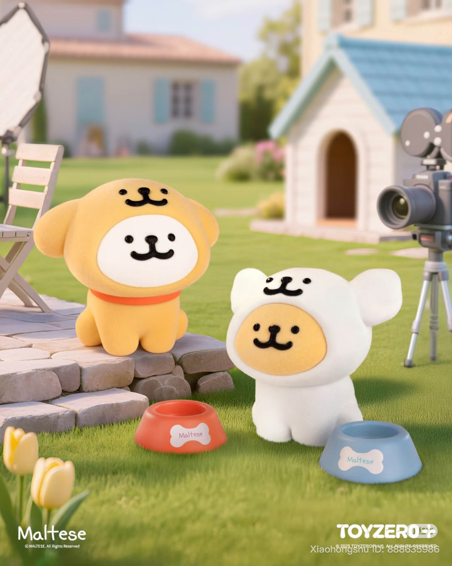 Maltese - Theatre of Life Series Blind Box collectible figures in a staged backyard scene, showcasing two stylized Maltese dog toys with unique face motifs.