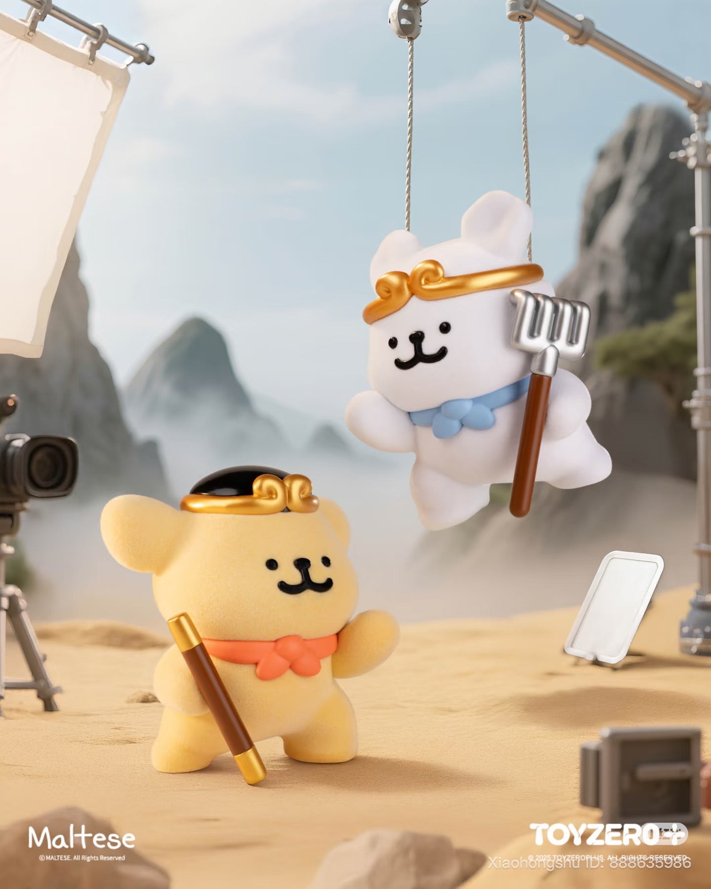 Maltese - Theatre of Life Series Blind Box features two dog mascots on a desert film set, depicting a movie shoot scene with props and equipment.