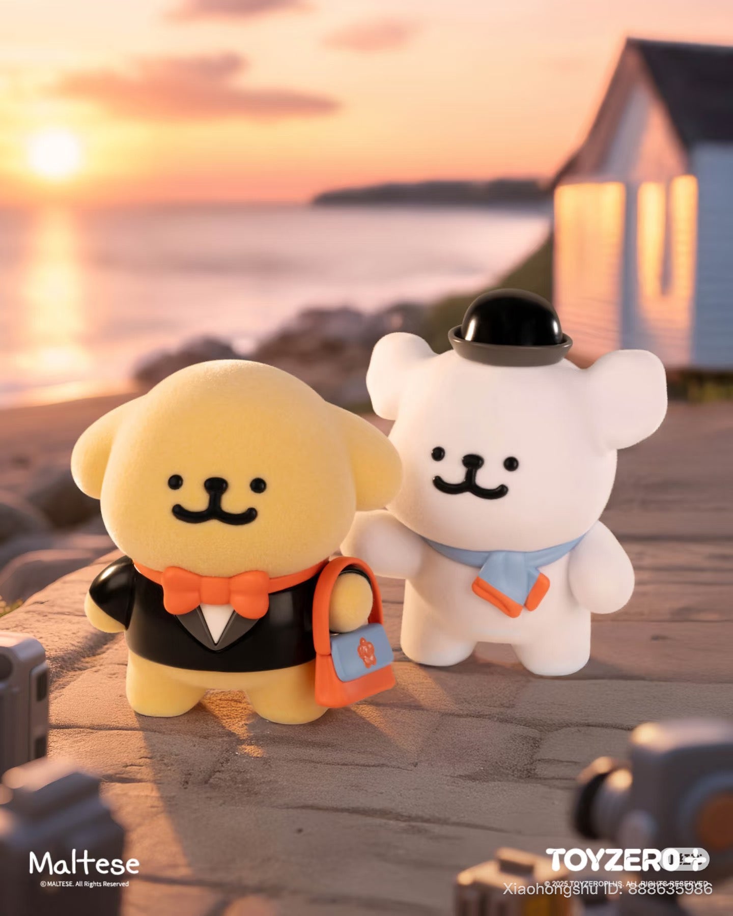 Maltese - Theatre of Life Series Blind Box features two stylized dog figures in elegant attire on a sunset boardwalk, capturing whimsical charm.