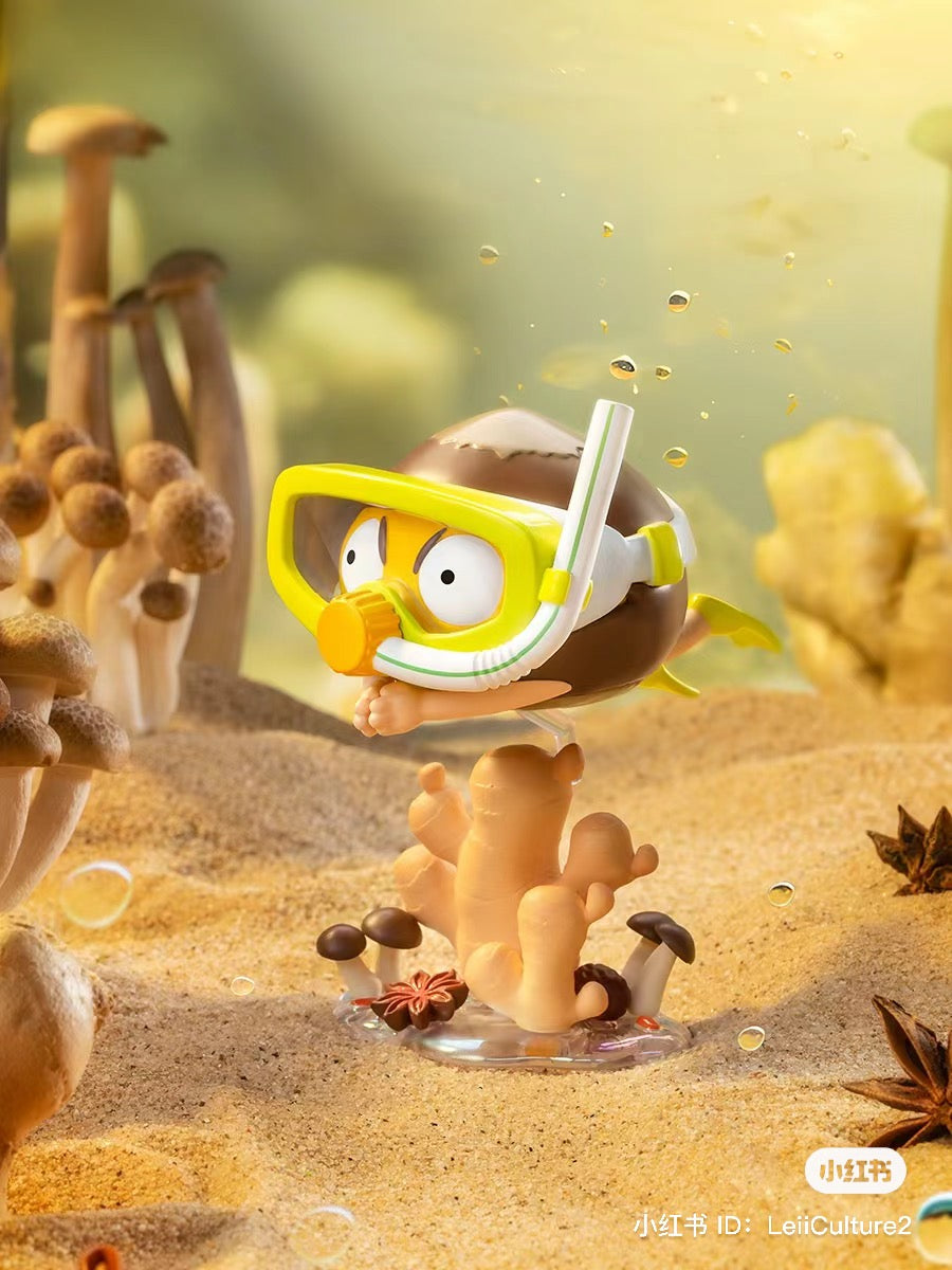 What the Man Daily Blind Box Series toy with mask on ginger root, sand, and mushrooms.