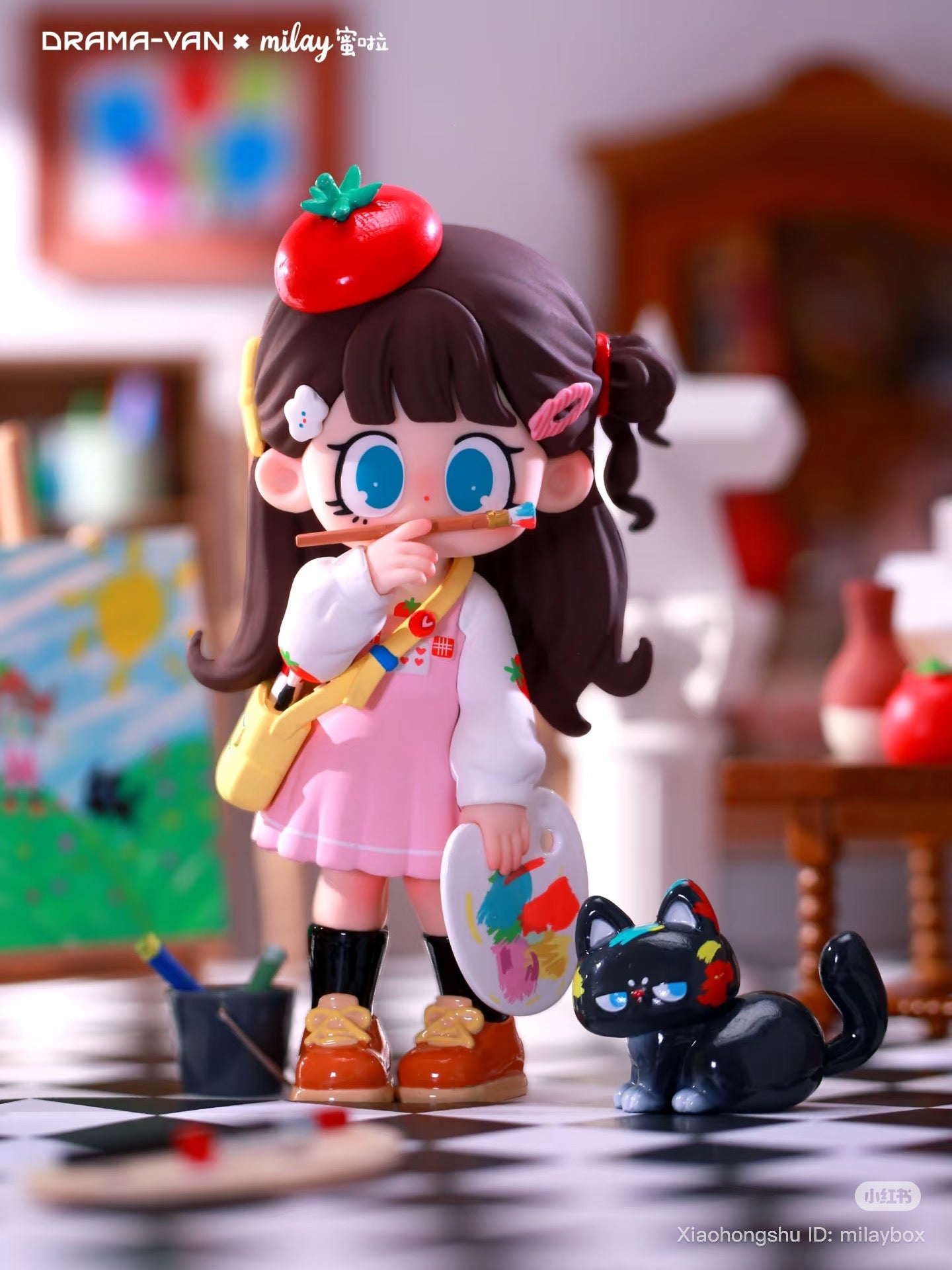 Milay Lazy Time Series Blind Box figure: girl painter with accessories and black cat, preorder item.
