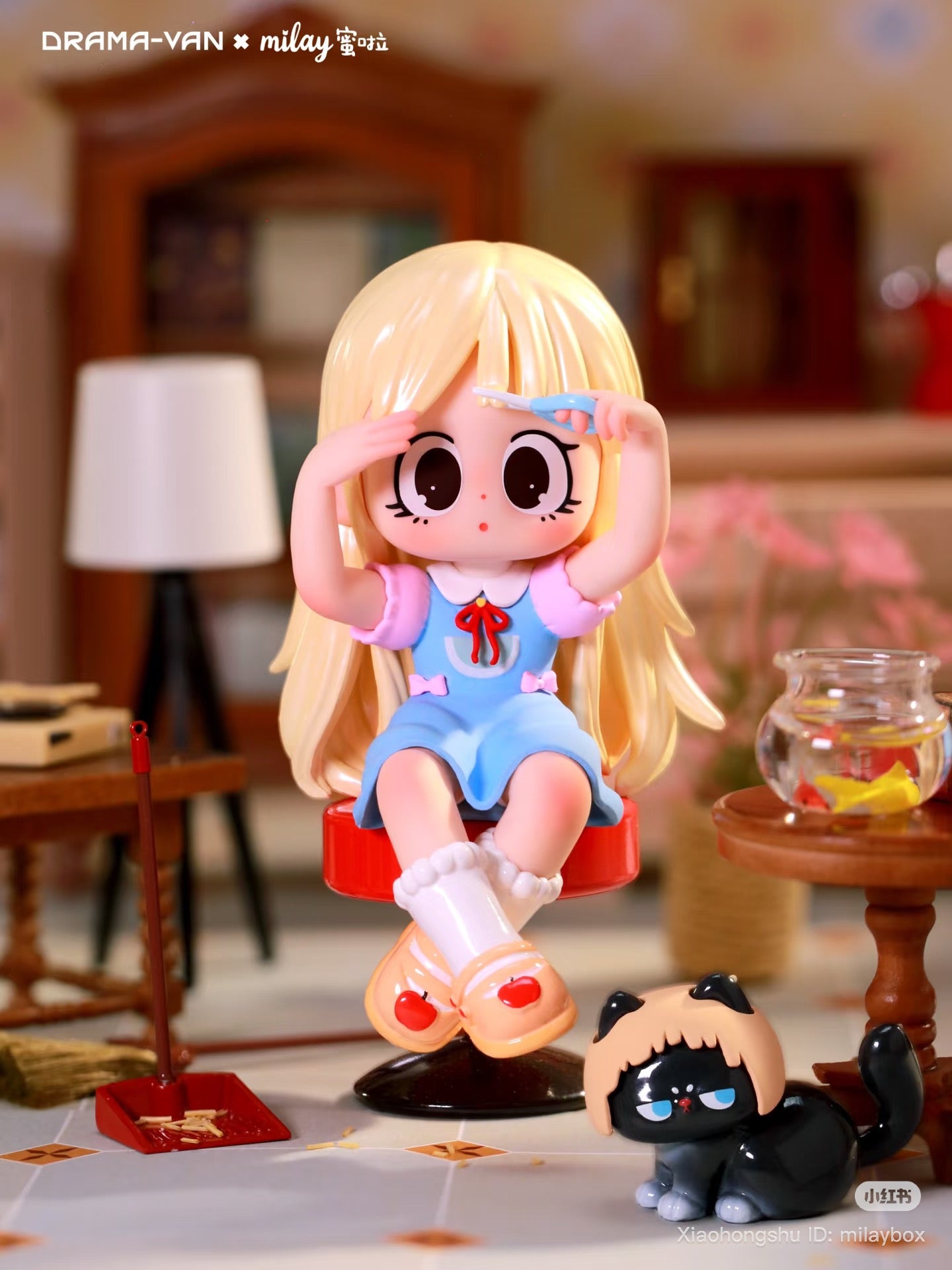 Milay Lazy Time Series Blind Box features a chibi girl grooming bangs in a cozy diorama, including a cat figure and mini-furniture.