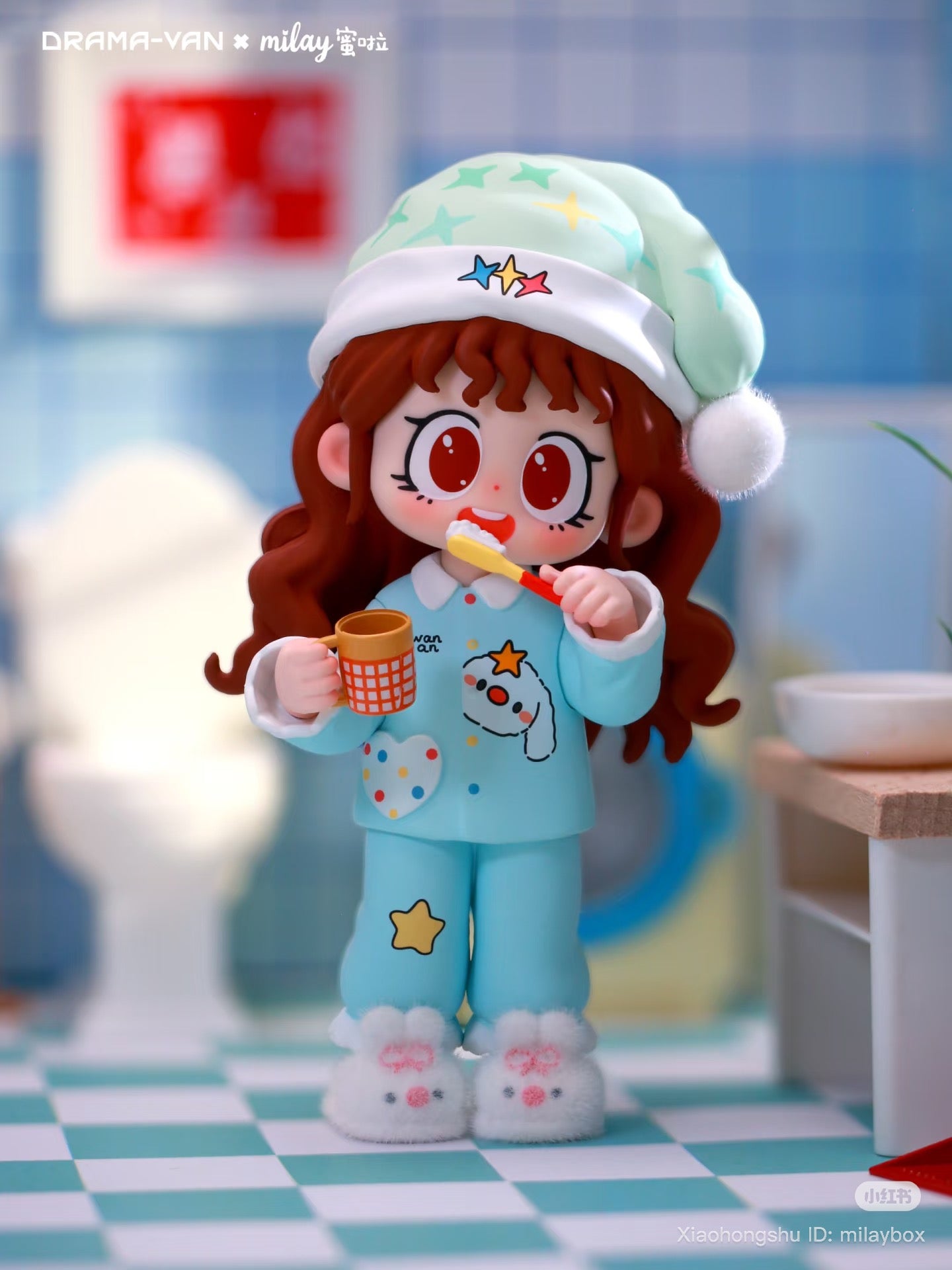 Milay Lazy Time Series Blind Box doll in pajamas, holding toothbrush and mug, in bathroom setting. Preorder for October 2025 shipment.
