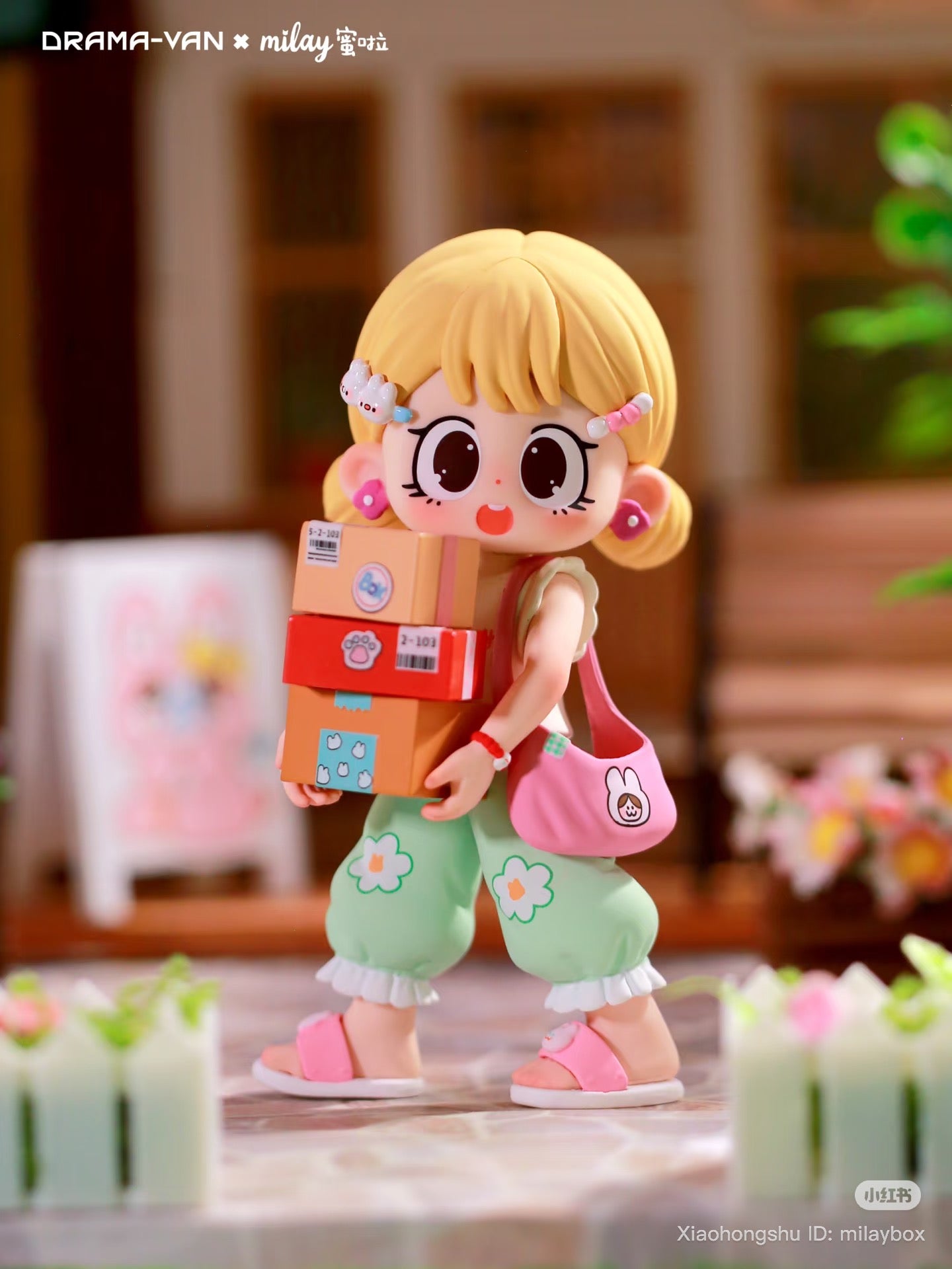 Milay Lazy Time Series Blind Box figure of a cartoon girl with parcels, pigtails, and daisy pants, capturing playful, collectible charm. Preorder now.