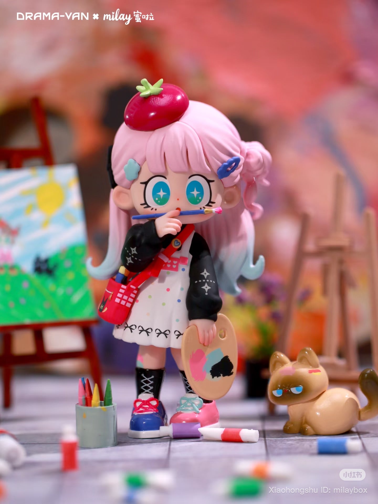Milay Lazy Time Series Blind Box figure: chibi artist with pink hair, paintbrush, palette, and studio setup, featuring a sleepy cat. Preorder for October 2025.