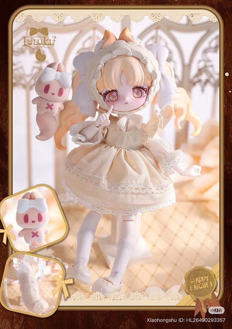 Kawaii LULUELF Story Series BJD in lace Lolita outfit, featuring a plush ghost-bunny. Preorder for blind box collectible at Strangecat Toys.