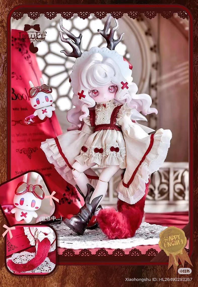 The LULUELF Story Series Articulated Figure Blind Box featuring an anime-inspired doll with antlers, frilly dress, and bunny companion, available for preorder.