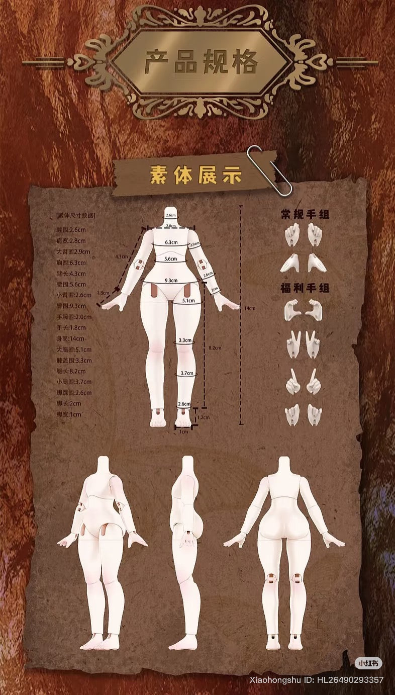 The LULUELF Story Series Articulated Figure Blind Box features a detailed specification sheet with measurements, hand options, and joint views for preorder.