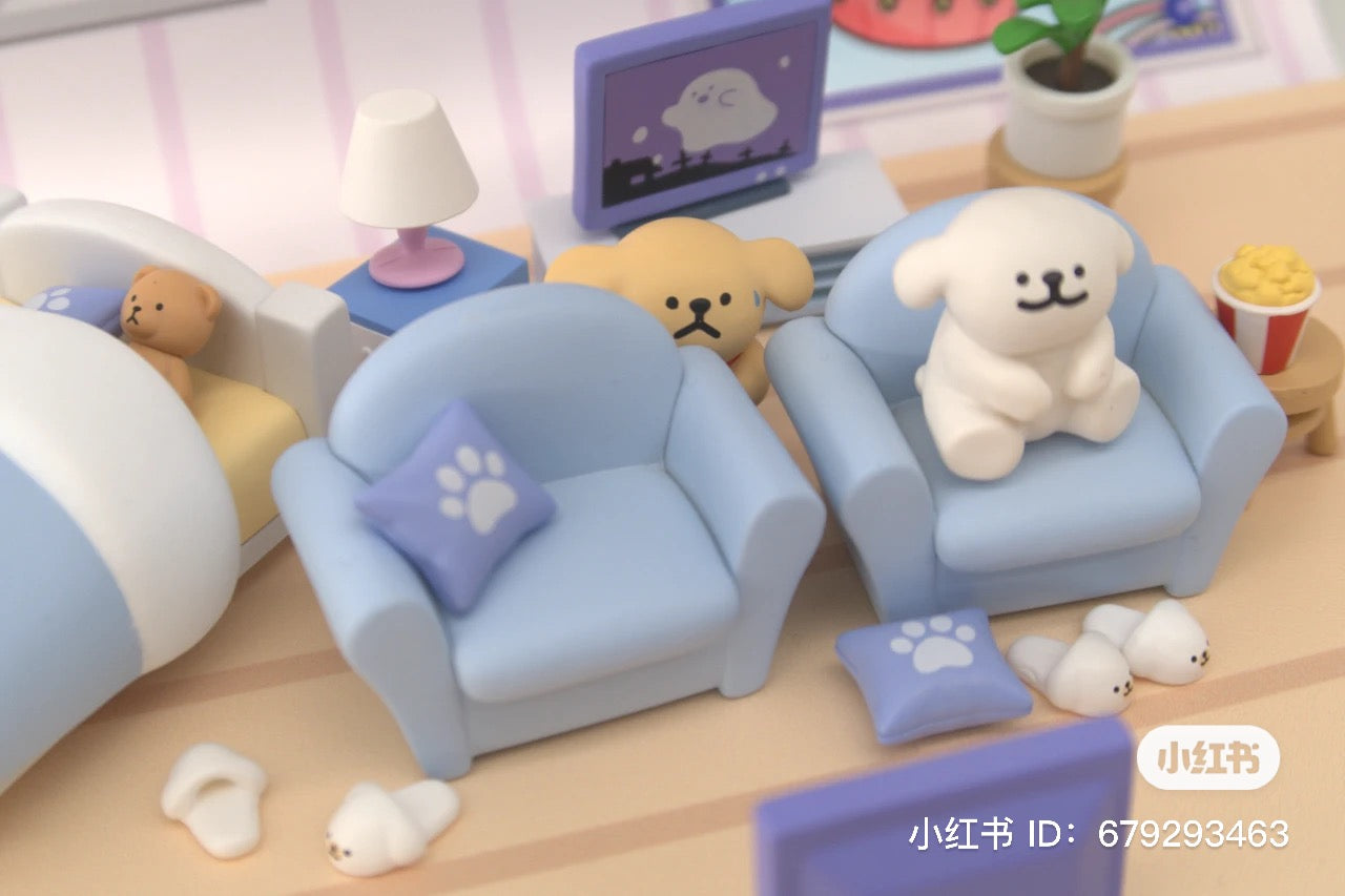 Toy animals on chairs, purple ghost object, paw print pillow, teddy bear, blue chair with pillow, dog furniture, toy close-ups, food cup, white toy dog on chair, purple fabric - from Maltese's Everyday Moment Blind Box Series.