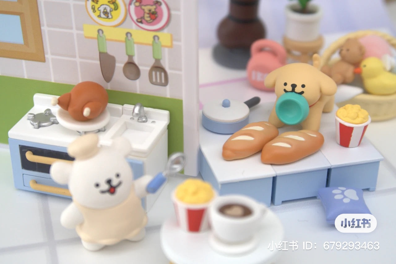 Toy kitchen with food, toy dog, teddy bear, and more from Maltese's Everyday Moment Blind Box Series.