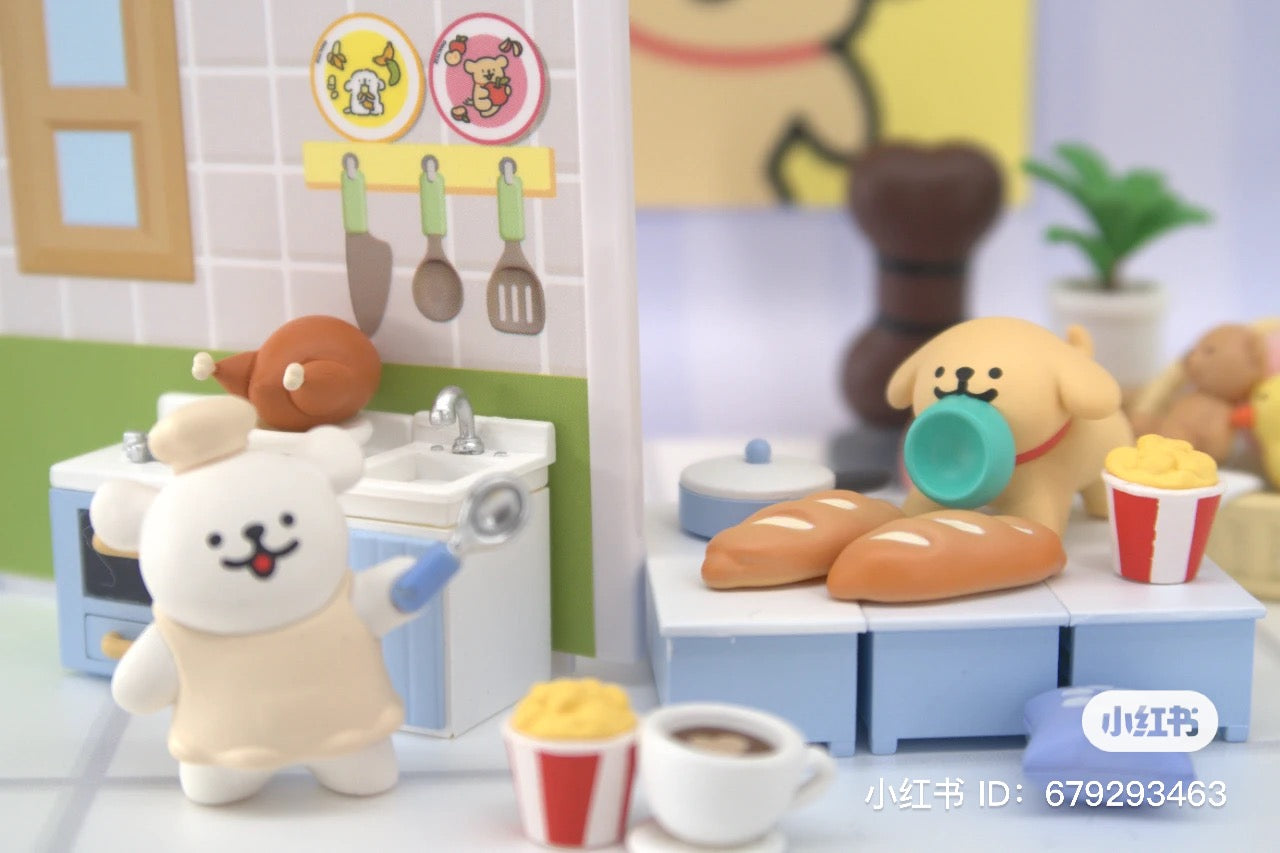 Toy kitchen scene with animals, bear holding spoon, and more from Maltese's Everyday Moment Blind Box Series.