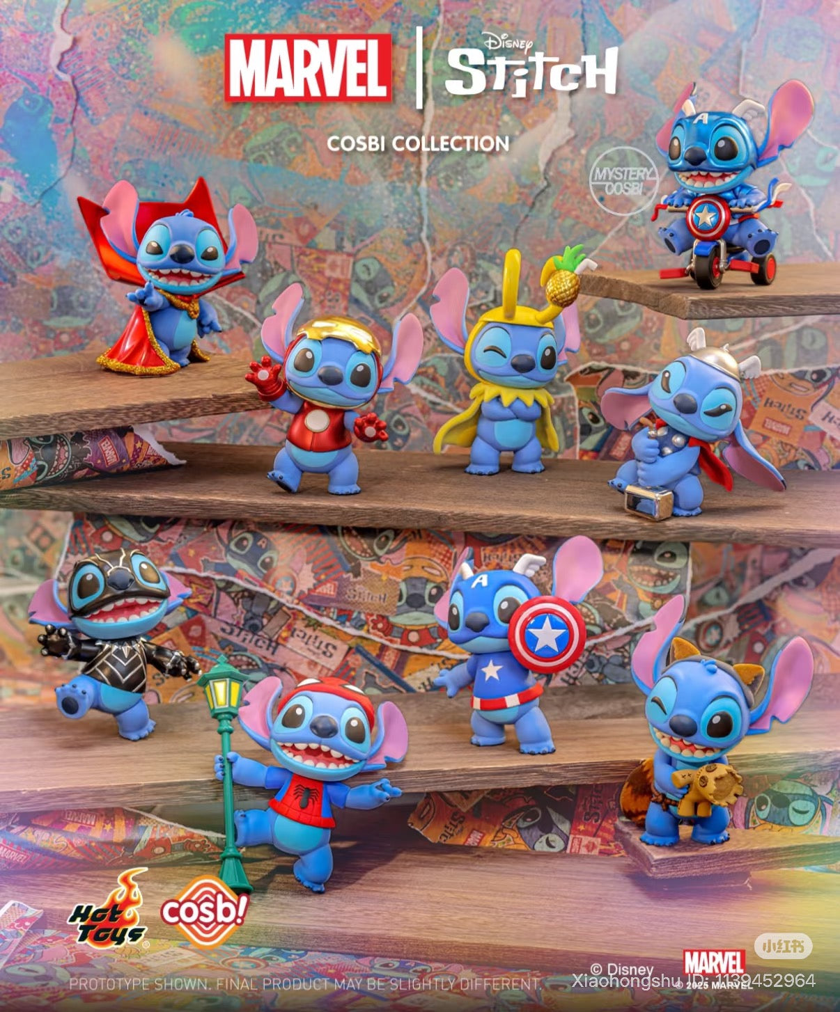 Stitch x Marvel Blind Box Series: Stitch figures as Marvel heroes, including Doctor Strange and Iron Man, with COSBI branding, available for preorder at Strangecat Toys.