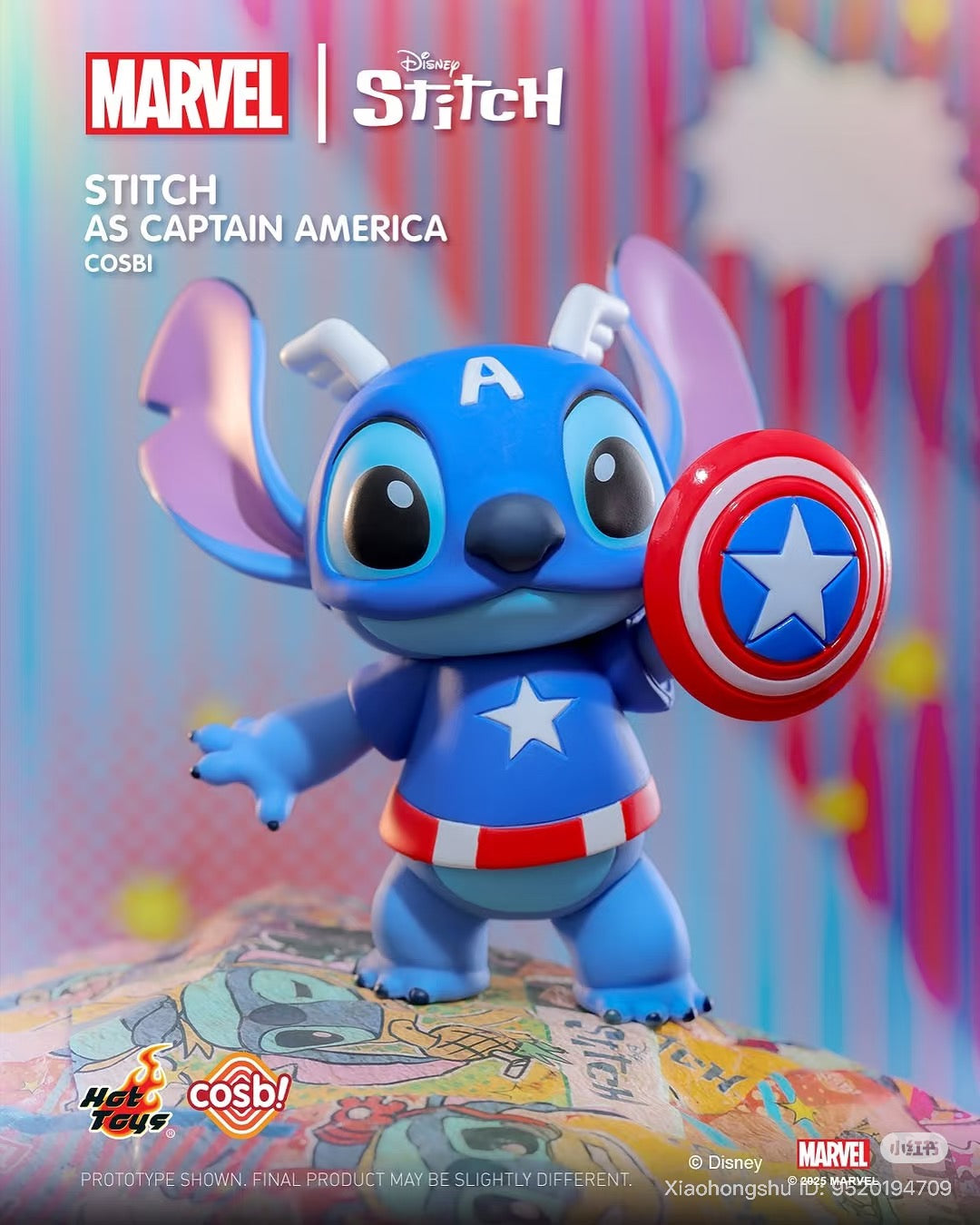Stitch dressed as Captain America, part of Cosbi Stitch x Marvel Blind Box Series, featuring logos and preorder note for Strangecat Toys' collectible figure.