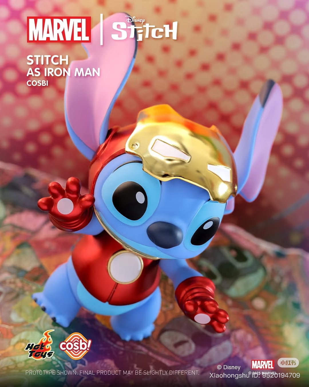Stitch in Iron Man armor from the Cosbi Stitch x Marvel Blind Box Series, featuring Hot Toys branding and logos from Marvel and Disney.
