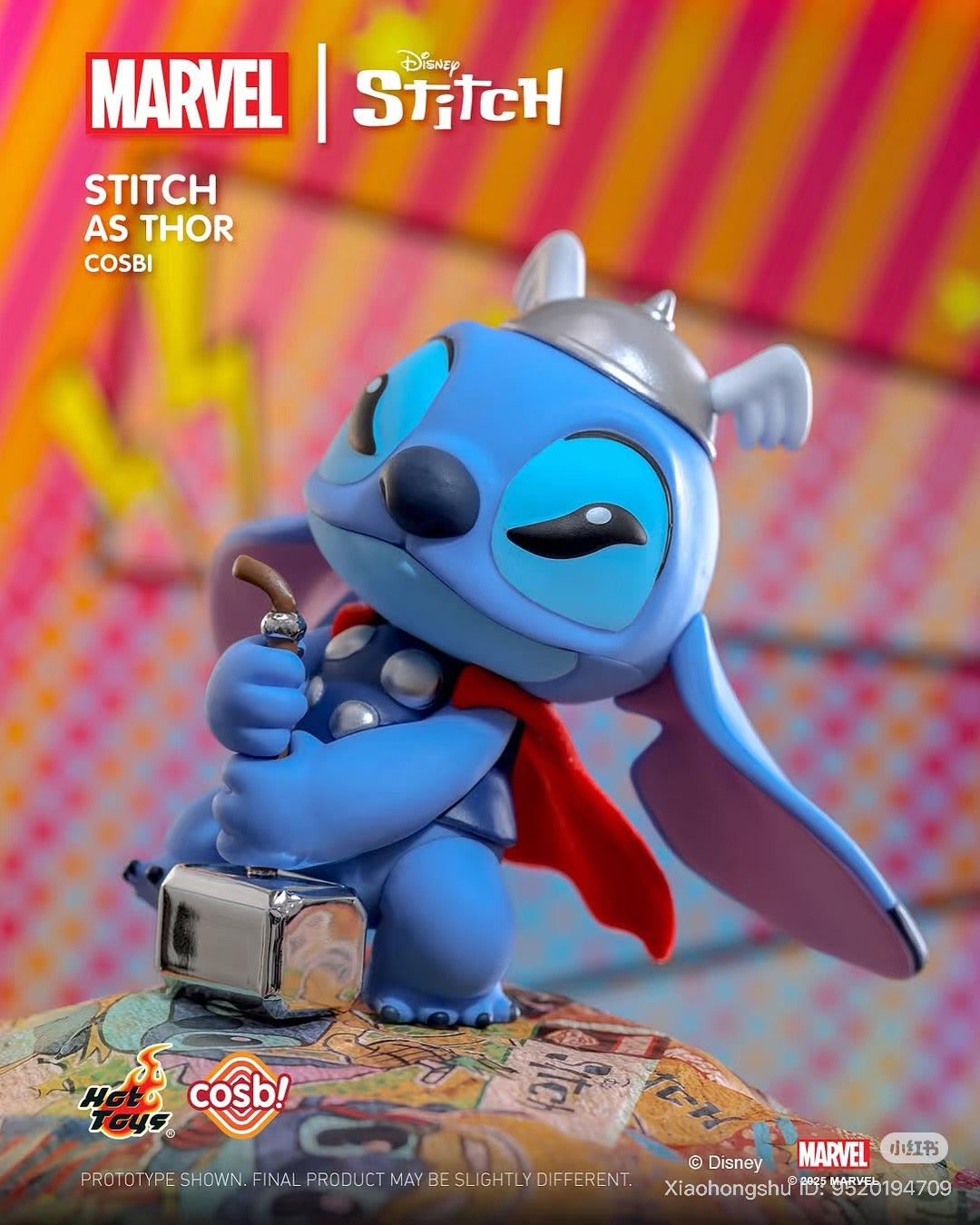 Stitch as Thor collectible figure from Cosbi Stitch x Marvel Blind Box Series, featuring a winged helmet, red cape, and Mjölnir on a decorative base.