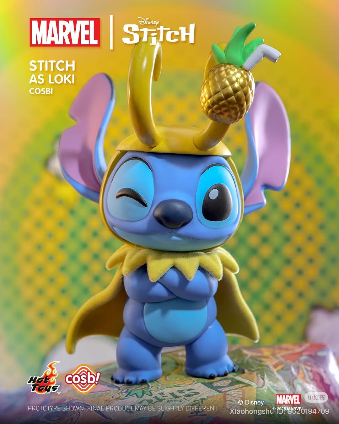 Stitch dressed as Loki in Cosbi Stitch x Marvel Blind Box Series, featuring a chibi-style figure with a horned helmet. Preorder for October 2025.