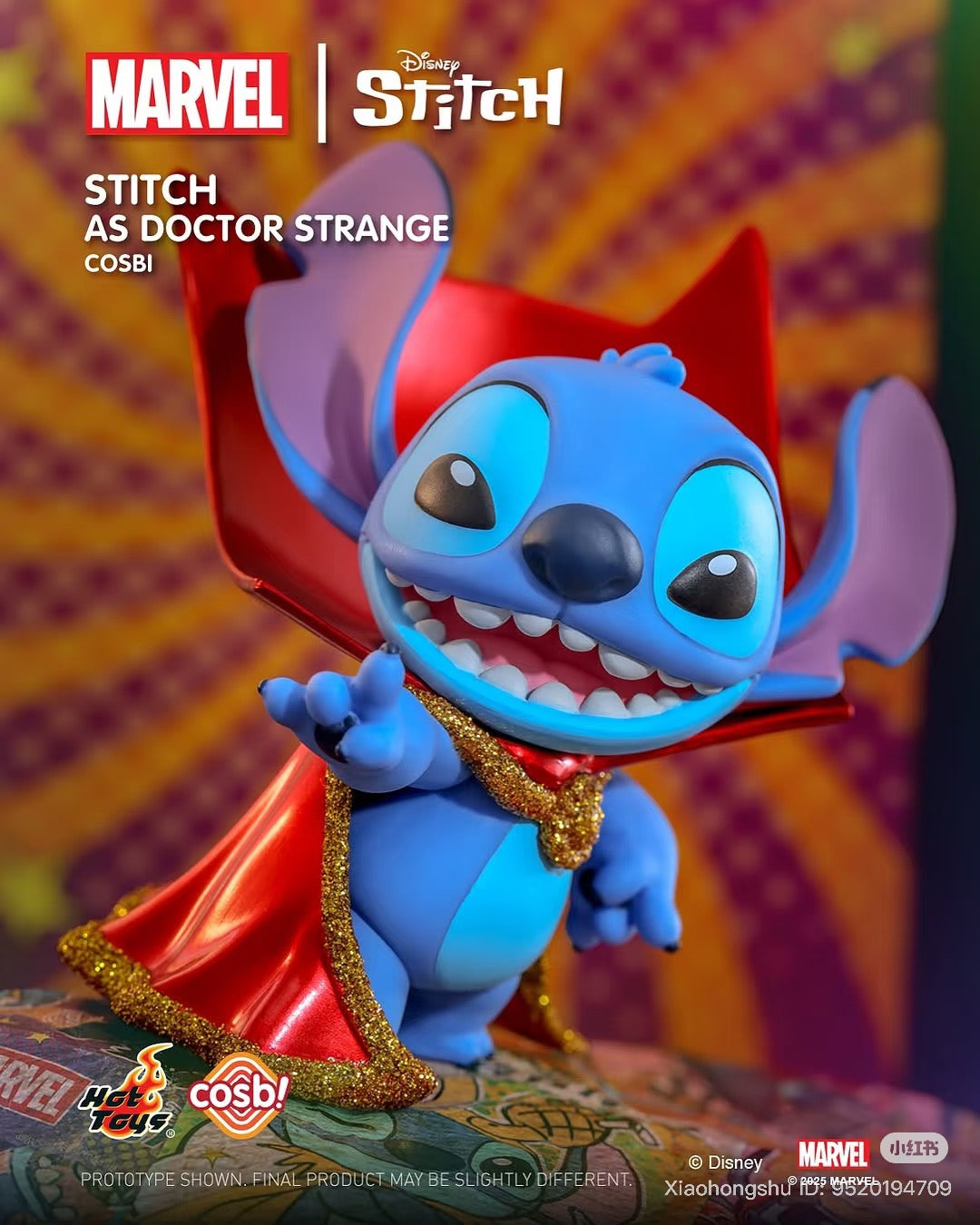 Stitch as Doctor Strange figure from Cosbi Stitch x Marvel Blind Box Series, displaying a spell-casting pose with iconic cape. Preorder for October 2025.