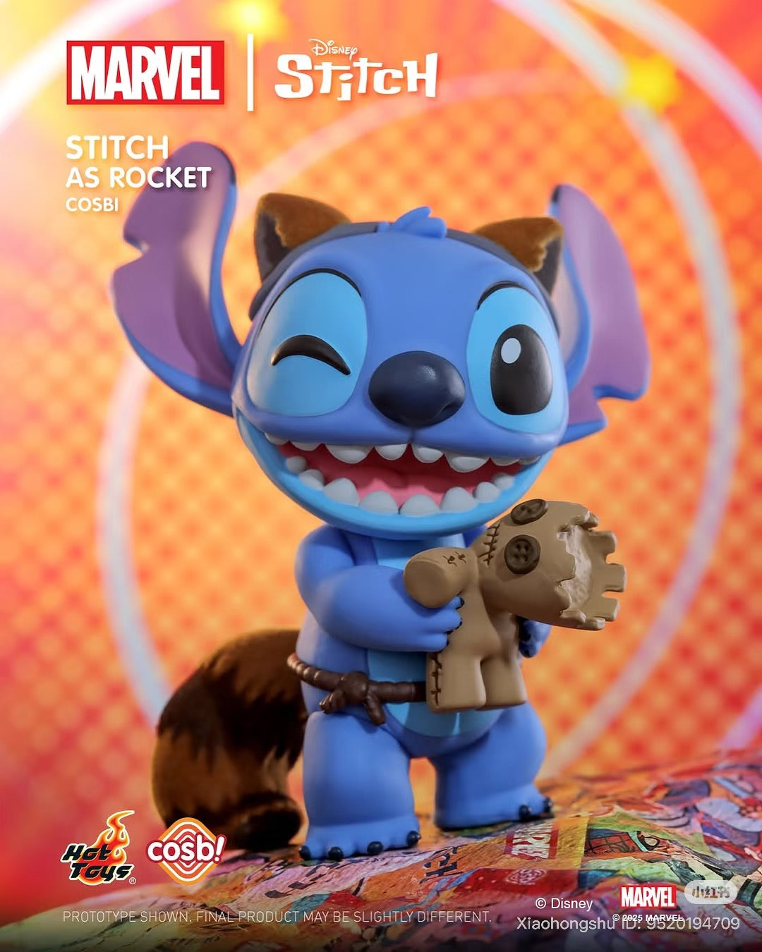 Stitch as Rocket Cosbi figure by Hot Toys, featuring Stitch dressed as Rocket Raccoon, part of the Cosbi Stitch x Marvel Blind Box Series.