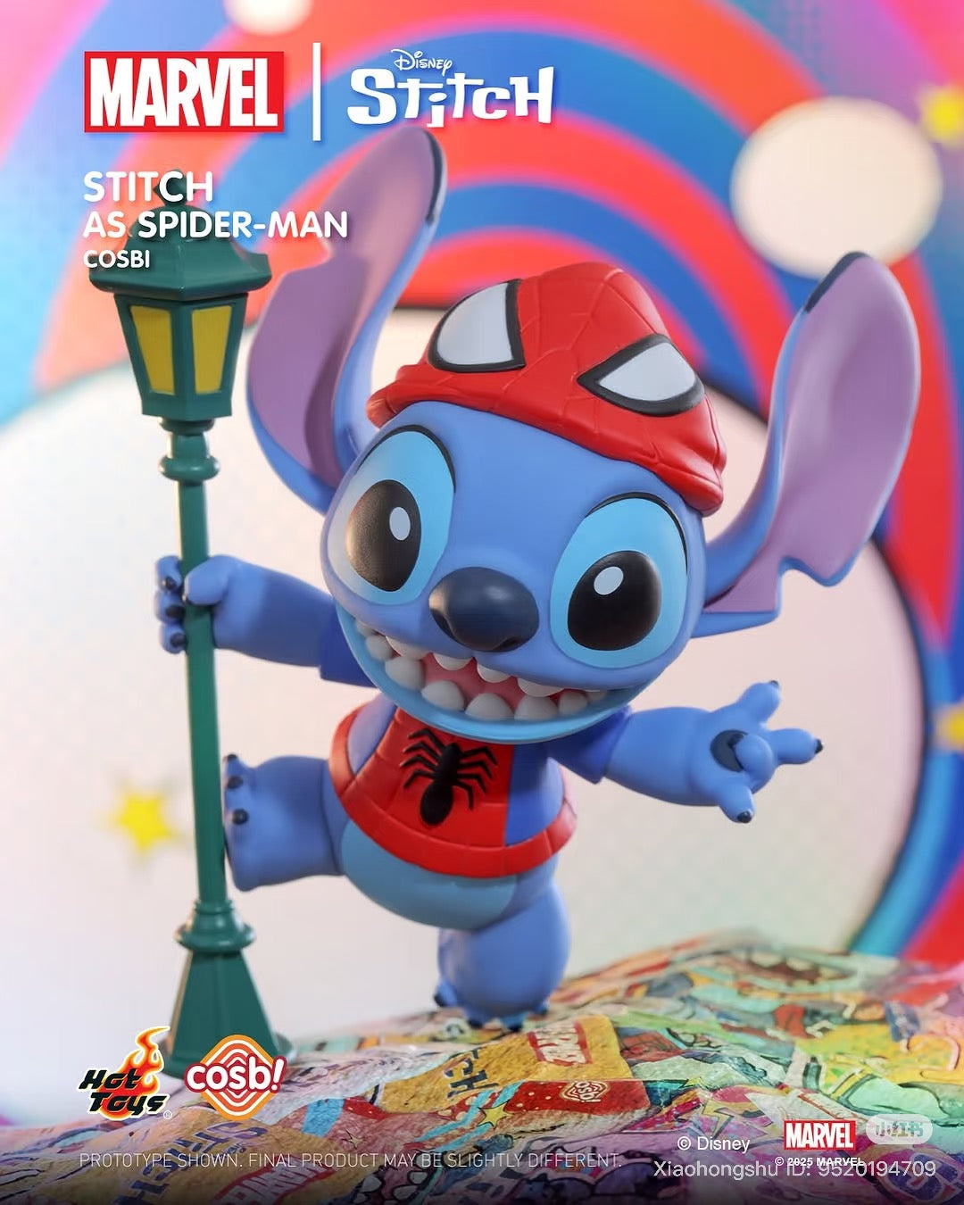 Stitch as Spider-Man collectible figure from the Cosbi Stitch x Marvel Blind Box Series, playfully posed on a lamppost, available for preorder at Strangecat Toys.