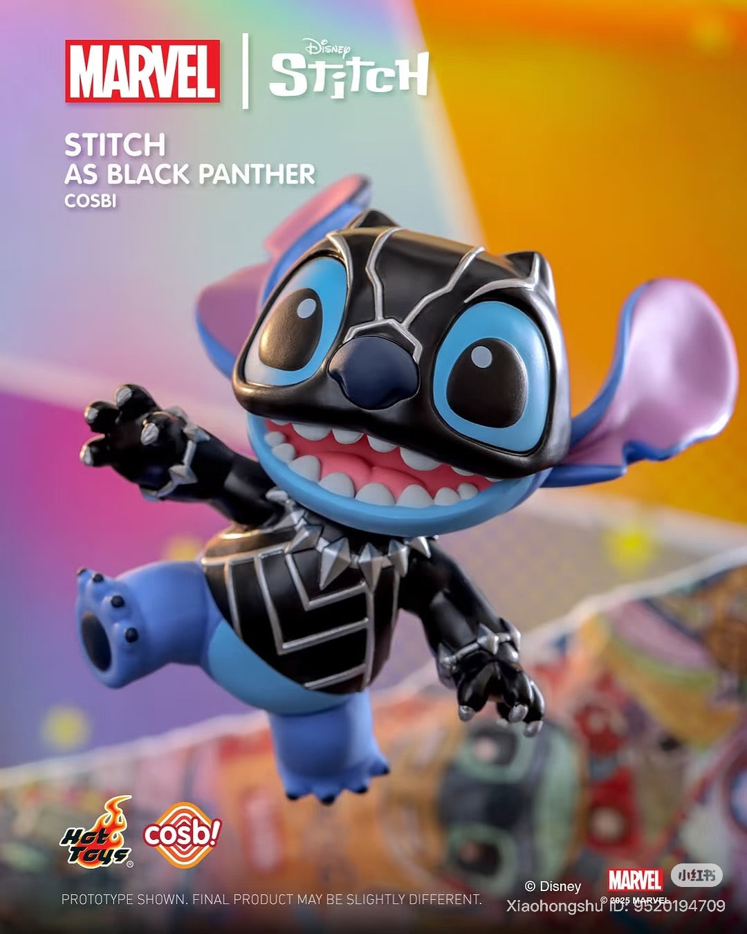 Stitch dressed as Black Panther, part of the cosbi Stitch x Marvel Blind Box Series, featuring collectible figures from Strangecat Toys.
