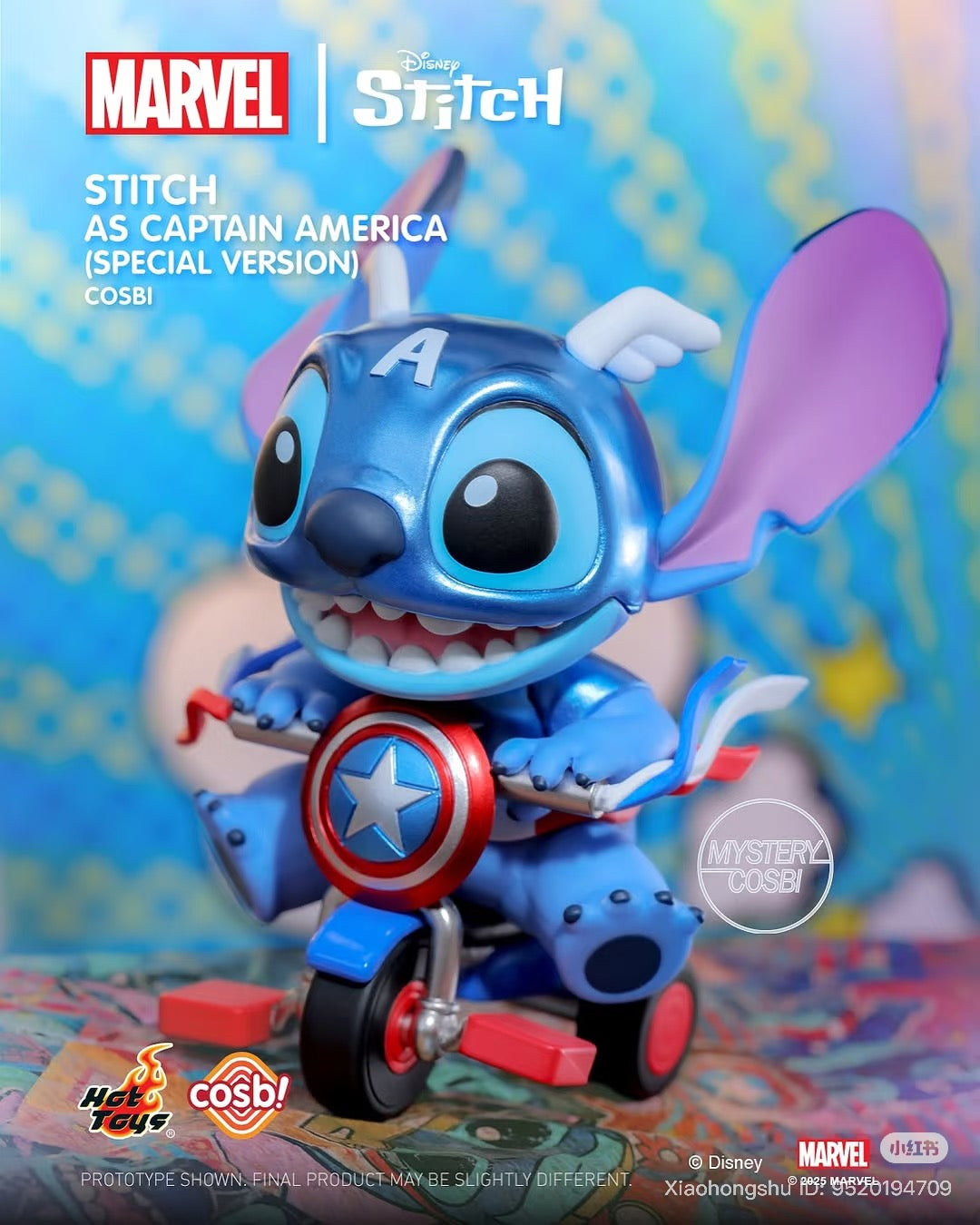 Stitch dressed as Captain America on a tricycle, part of the Cosbi Stitch x Marvel Blind Box Series by Hot Toys, available for preorder.
