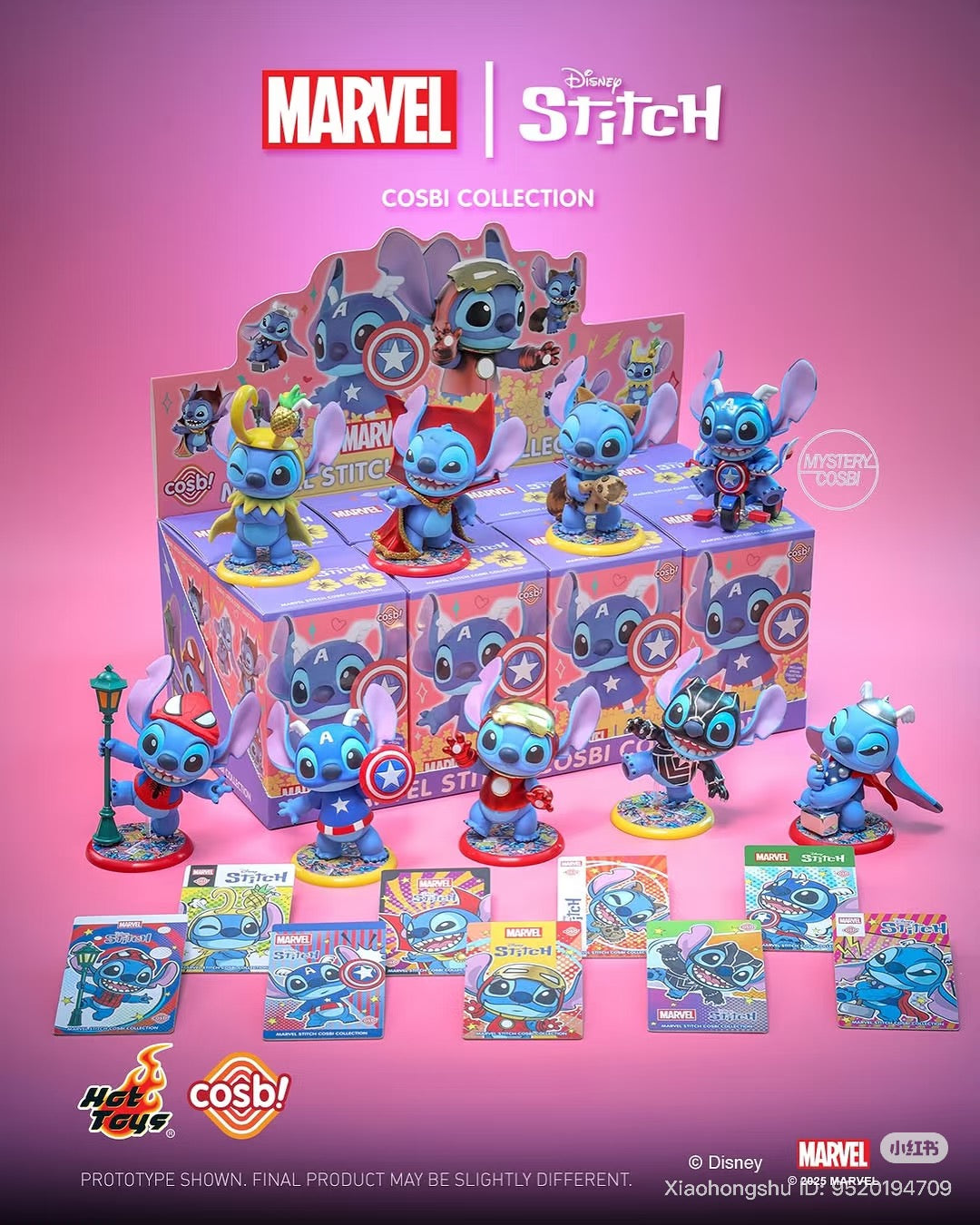 Stitch figurines dressed as Marvel heroes from the cosbi Stitch x Marvel Blind Box Series by Hot Toys, with collectible cards and logos displayed.