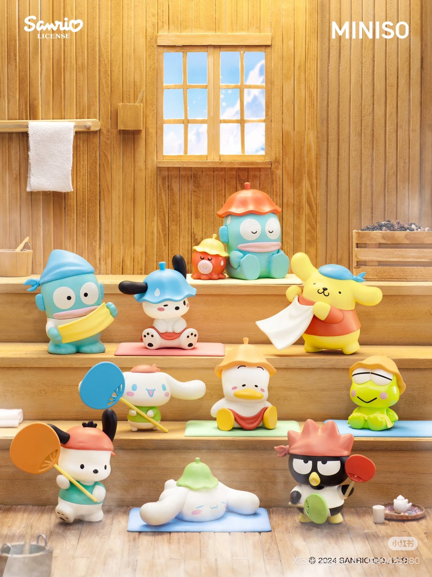 Sanrio Characters Sauna Together Series: Sanrio figures in spa attire relax in a mini wooden sauna setting, featuring Pompompurin, Cinnamoroll, Keroppi, and others.