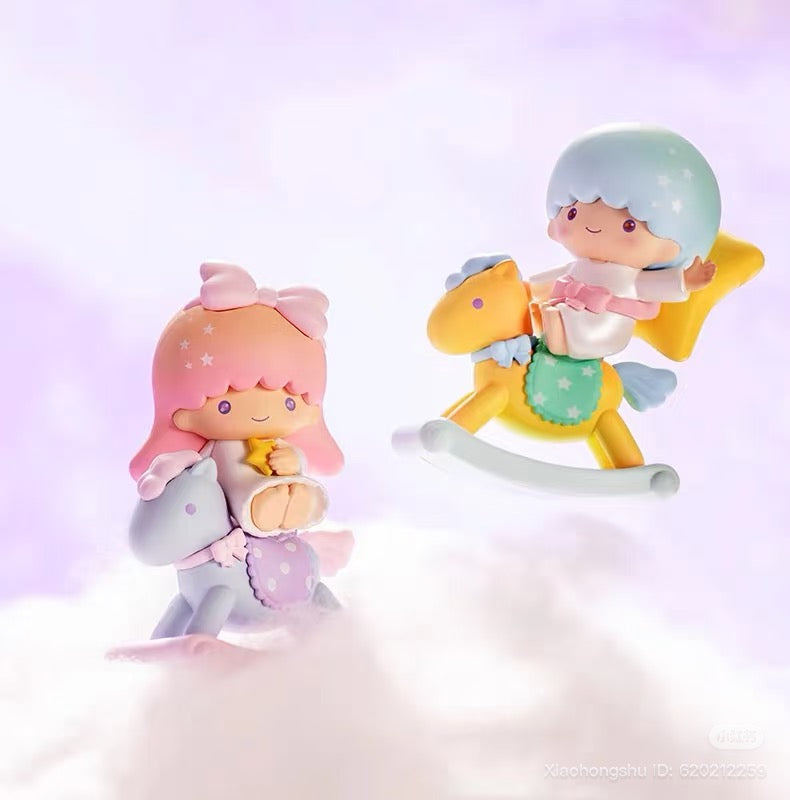 Sanrio Childhood Merry-Go-Round Series Figurine featuring Kiki and Lala on rocking-horses, available for preorder at Strangecat Toys.