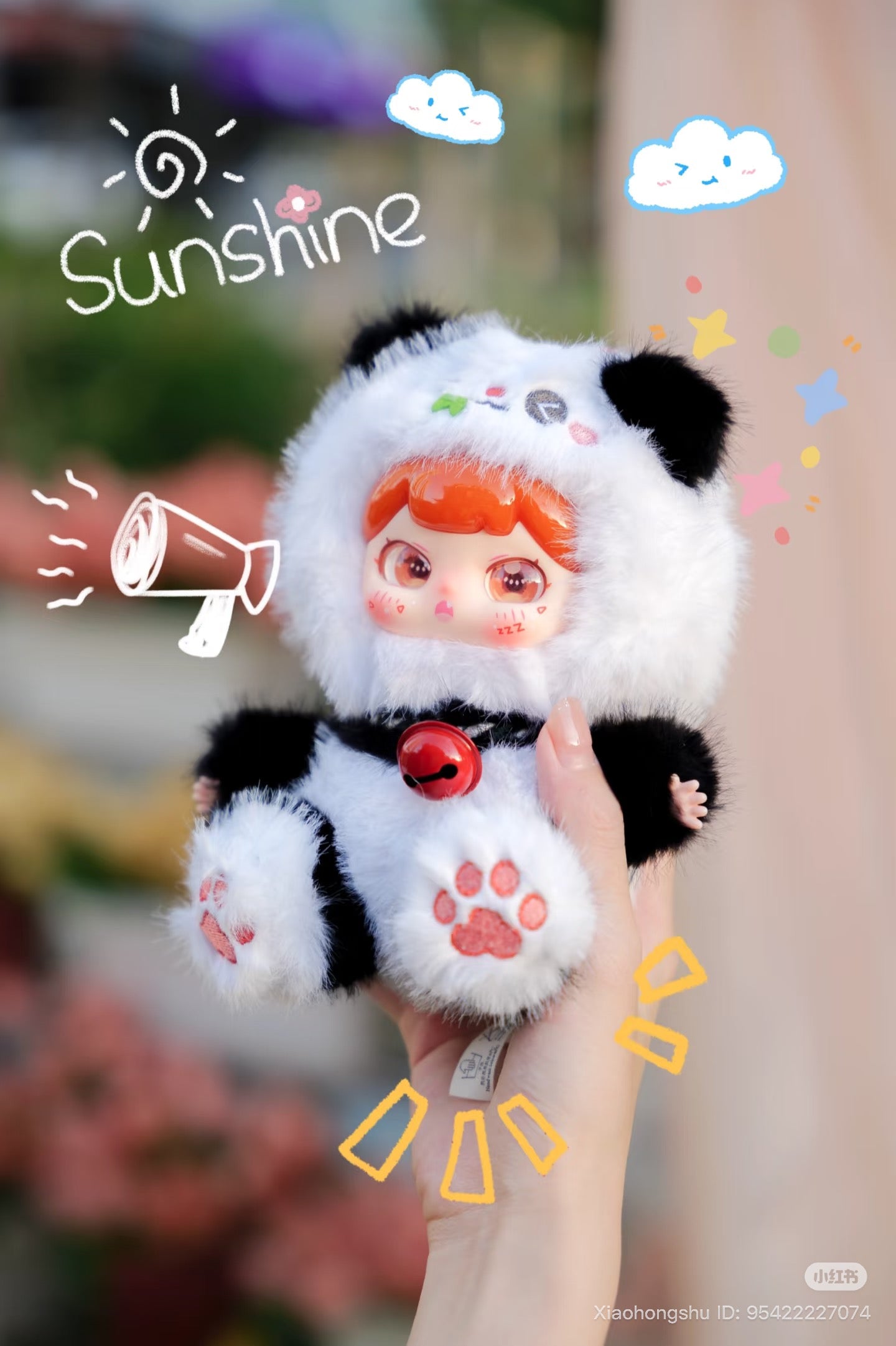Baby Three - Xiaopaofu-Lucky Bell Plush Blind Box, a panda-suited doll with embroidered paws, red bell, surrounded by playful doodles; available for preorder at Strangecat Toys.