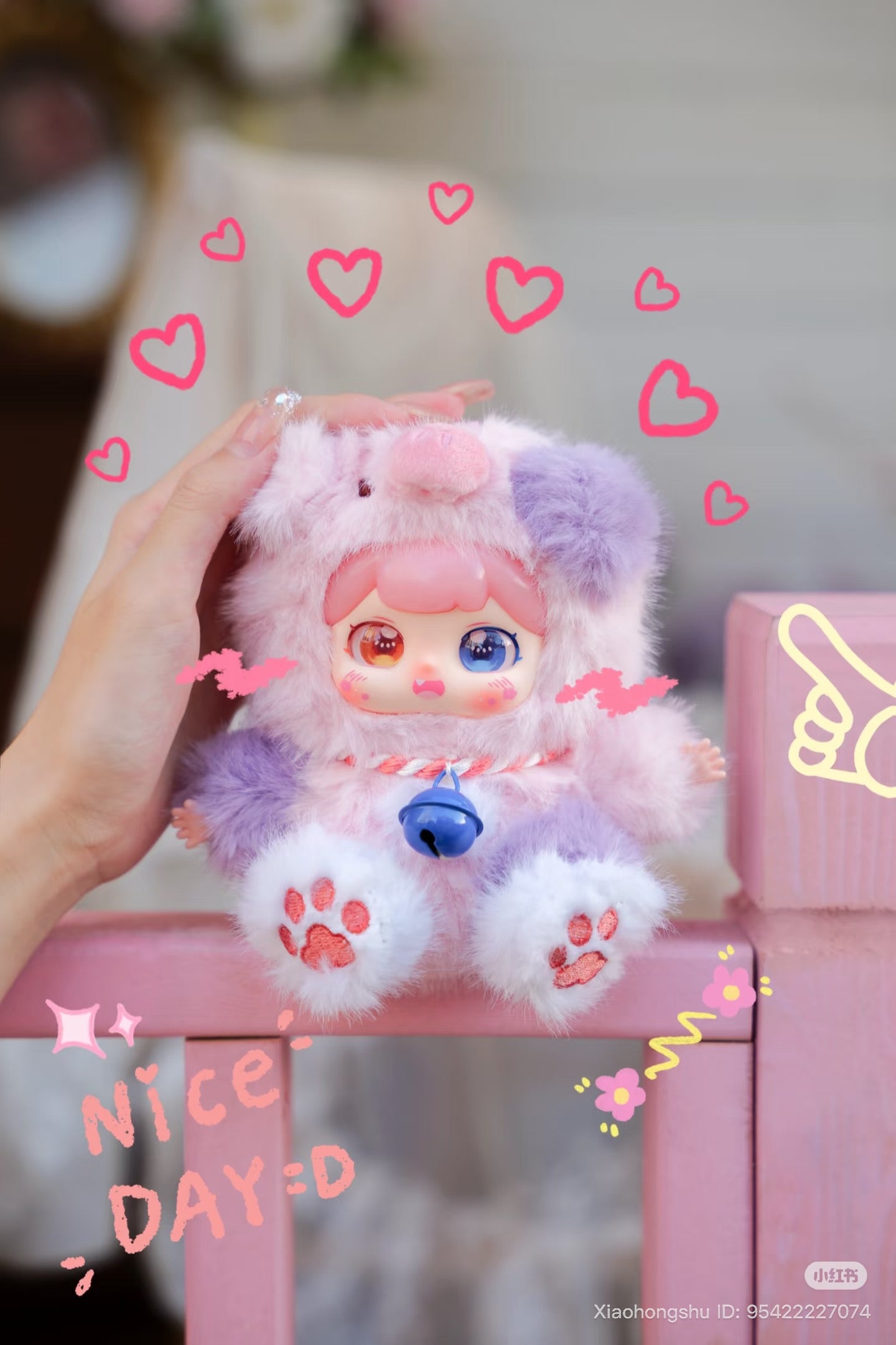 Kawaii Baby Three - Xiaopaofu-Lucky Bell Plush in fluffy animal suit with big anime eyes, rosy cheeks, and paw-print slippers, perfect for preorder from Strangecat Toys.