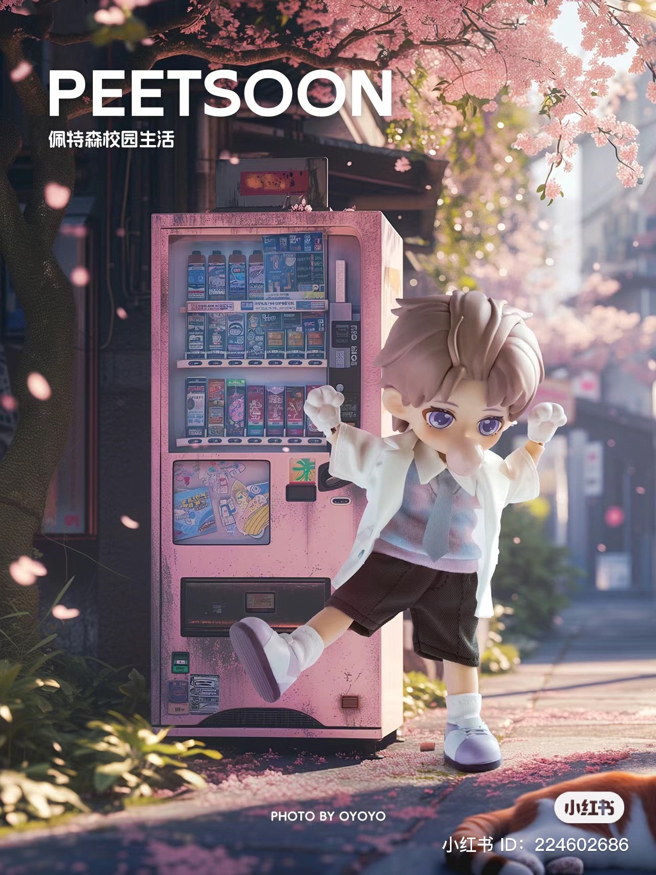 A cartoon character in a white coat standing in front of a vending machine, part of the PEETSOON School Life BJD Blind Box Series.