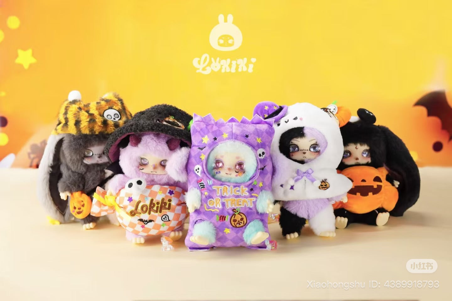 LOKKI Halloween Plush Blind Box Series showcasing five collectible dolls in Halloween costumes, available for preorder at Strangecat Toys.