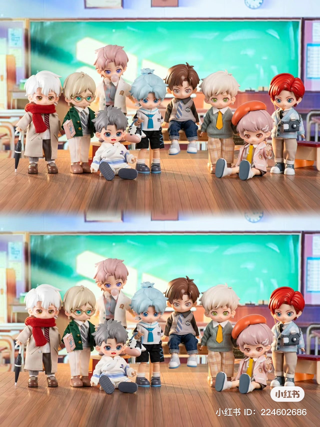 PEETSOON School Life BJD Blind Box Series: Cartoon characters, toy dolls with various accessories, including a camera, cow purse, red scarf, and coat.